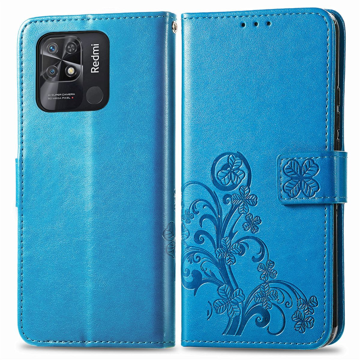 Blaue Handyhülle offen, mit Telefon und aufwendigem Design. Weißer Hintergrund.