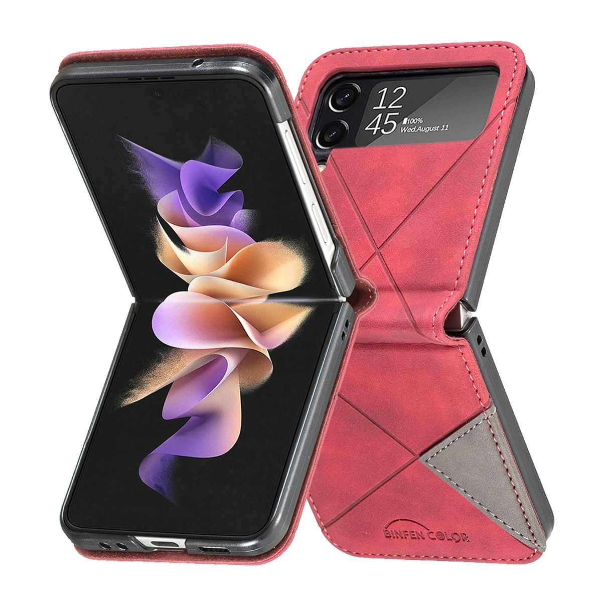 Ein rot-graues Telefon, teilweise geöffnet, zeigt sein Design.