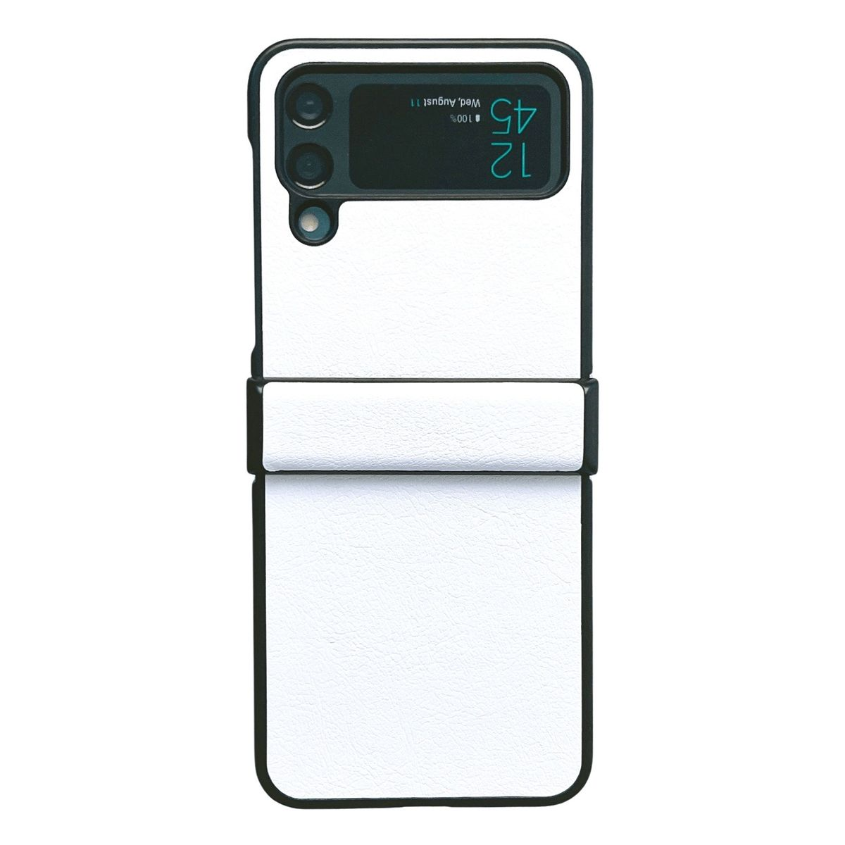 Weißes und schwarzes Samsung Galaxy Z Flip Telefon. Zeigt das Telefon geöffnet und geschlossen, mit der angezeigten Uhrzeit.
