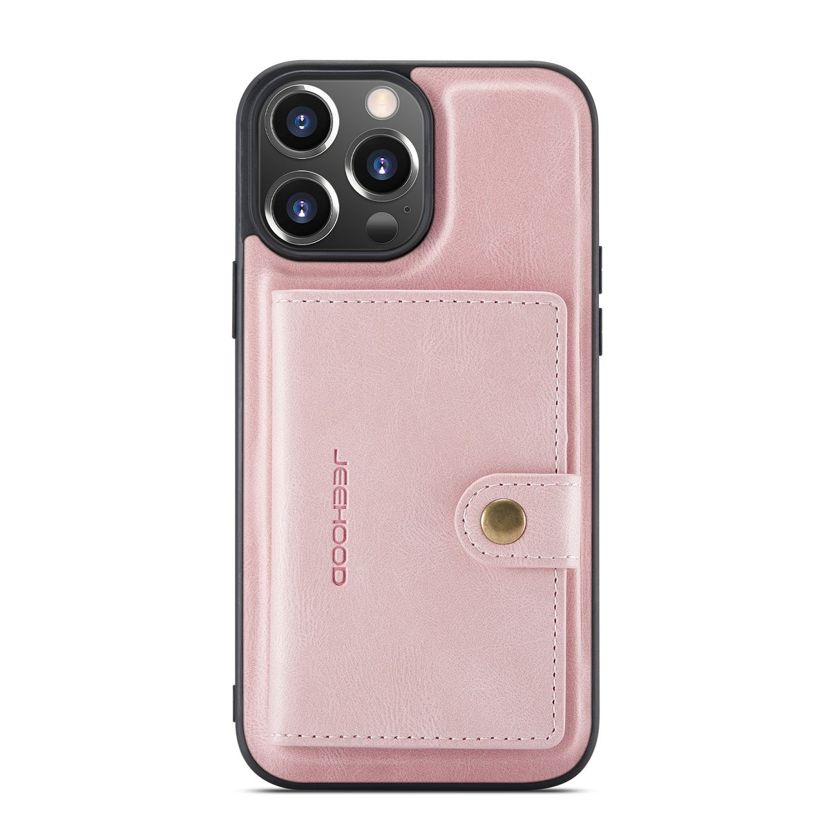 Rosa Leder-Handyhülle mit Kartenfach. Verfügt über einen Knopfverschluss und ein Telefon.