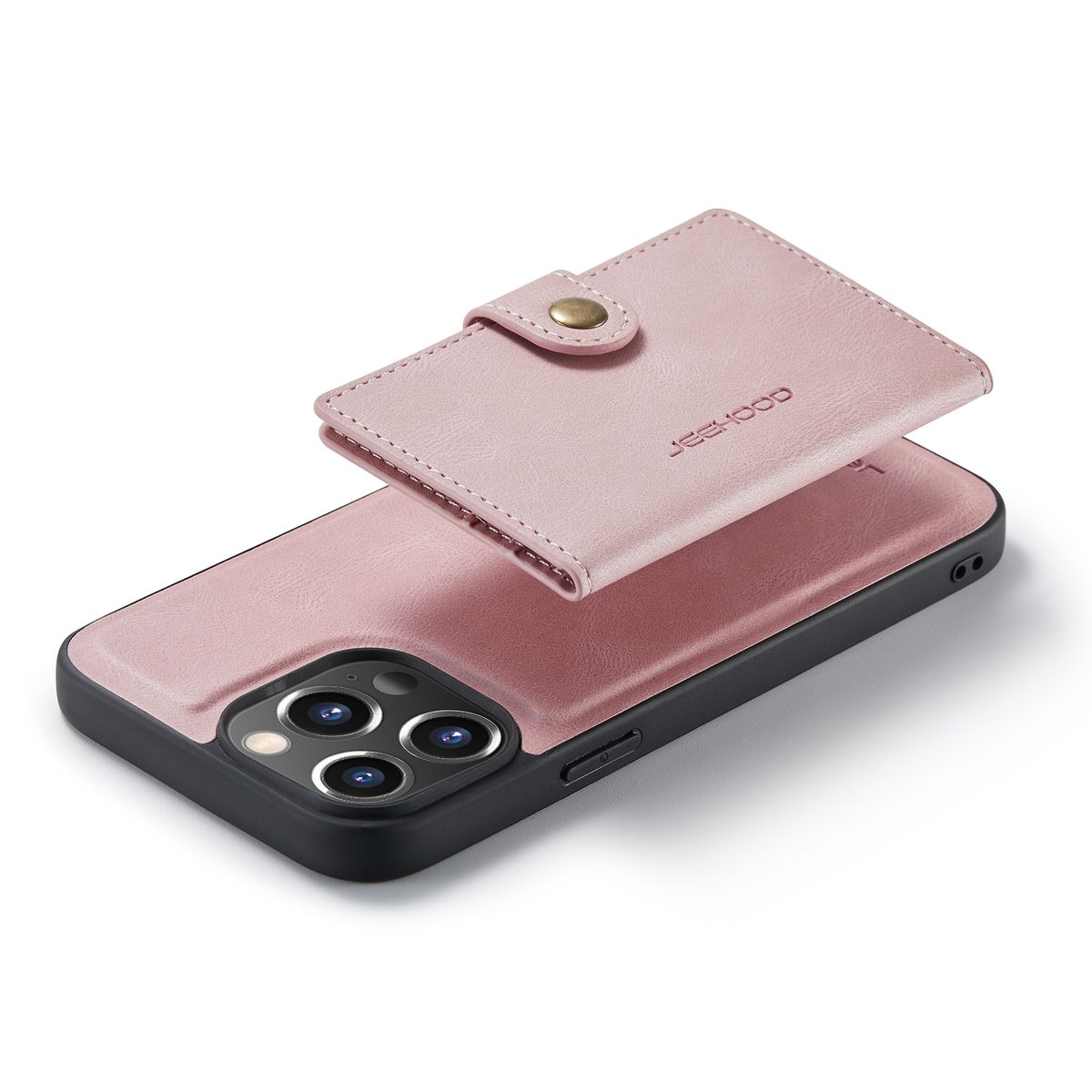 Rosa Handyhülle mit Kartenhalter. Telefon unten, Kartenhalter oben.