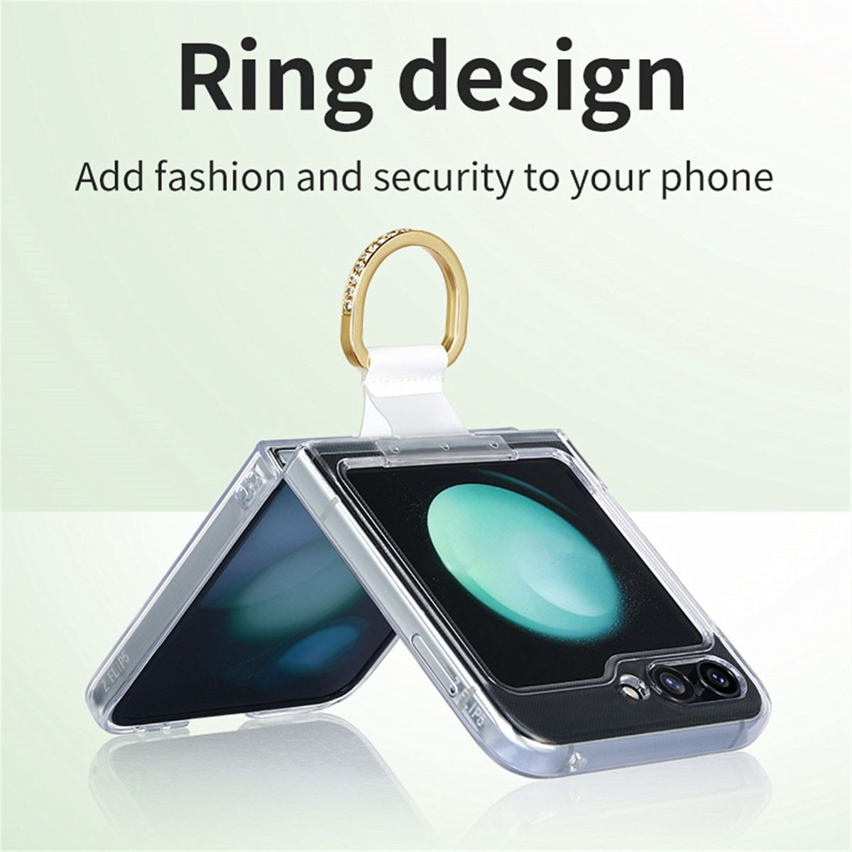 Eine Handyhülle mit Ring-Design, offen. Telefonbildschirm sichtbar und ein Ring befestigt.