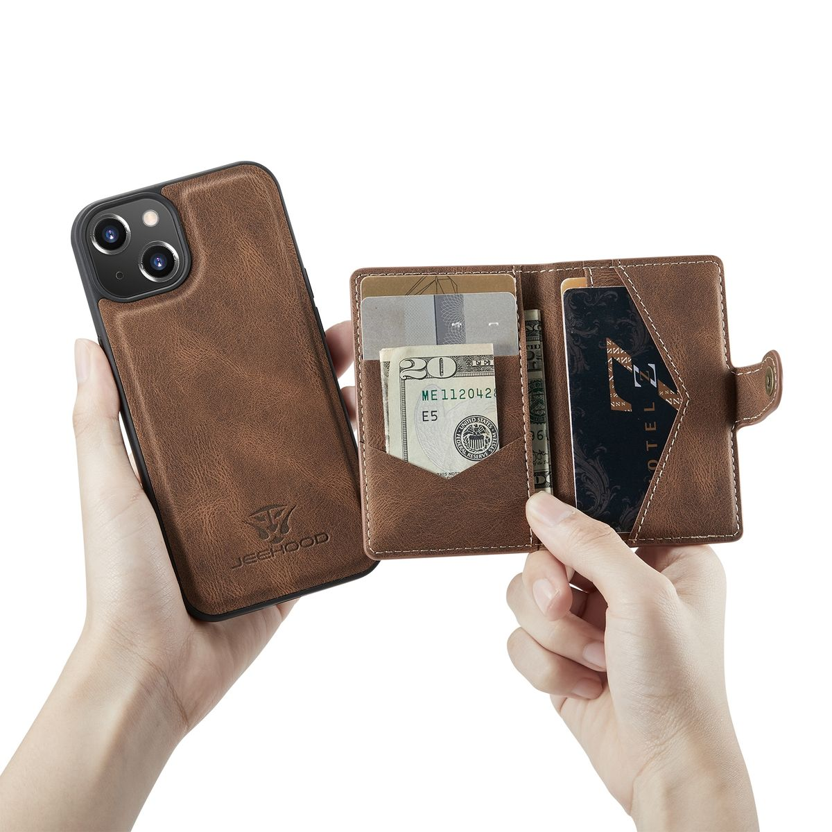Braune Leder-Handyhülle mit Geldbörse. Geöffnet zeigt sie ein Telefon, Karten und Bargeld.