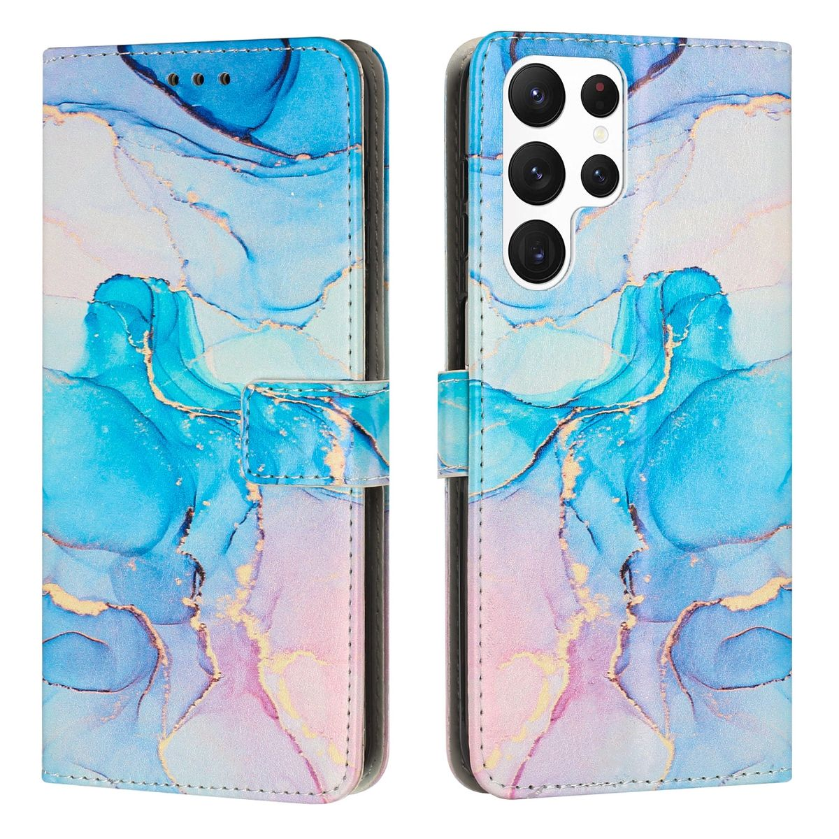 Handyhülle mit blau-goldenen Marmor-Design, offen, zeigt das Telefon im Inneren.