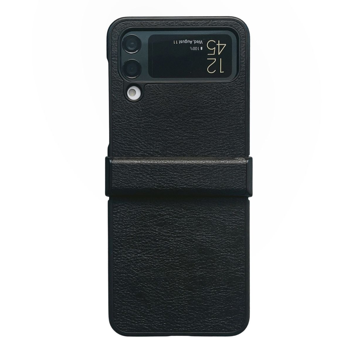 Eine schwarze, zusammenklappbare Handyhülle mit einem Telefon darin. Das Telefon ist geschlossen und zeigt Zeit und Datum.