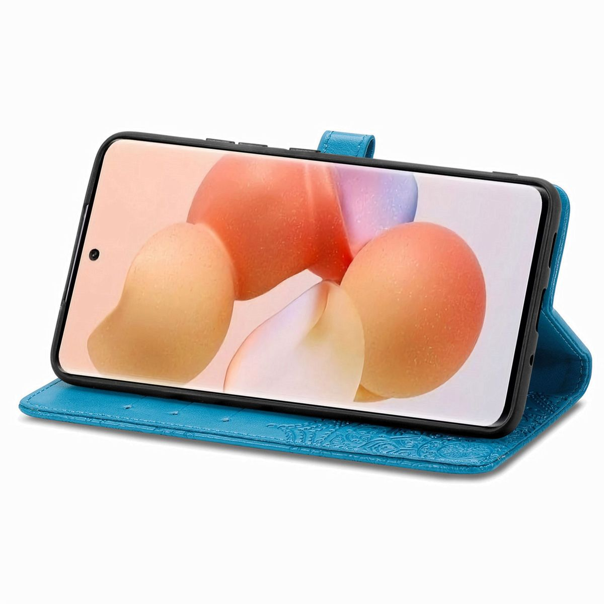 Telefon in einer offenen blauen Hülle, zeigt ein Bild. Weißer Hintergrund.