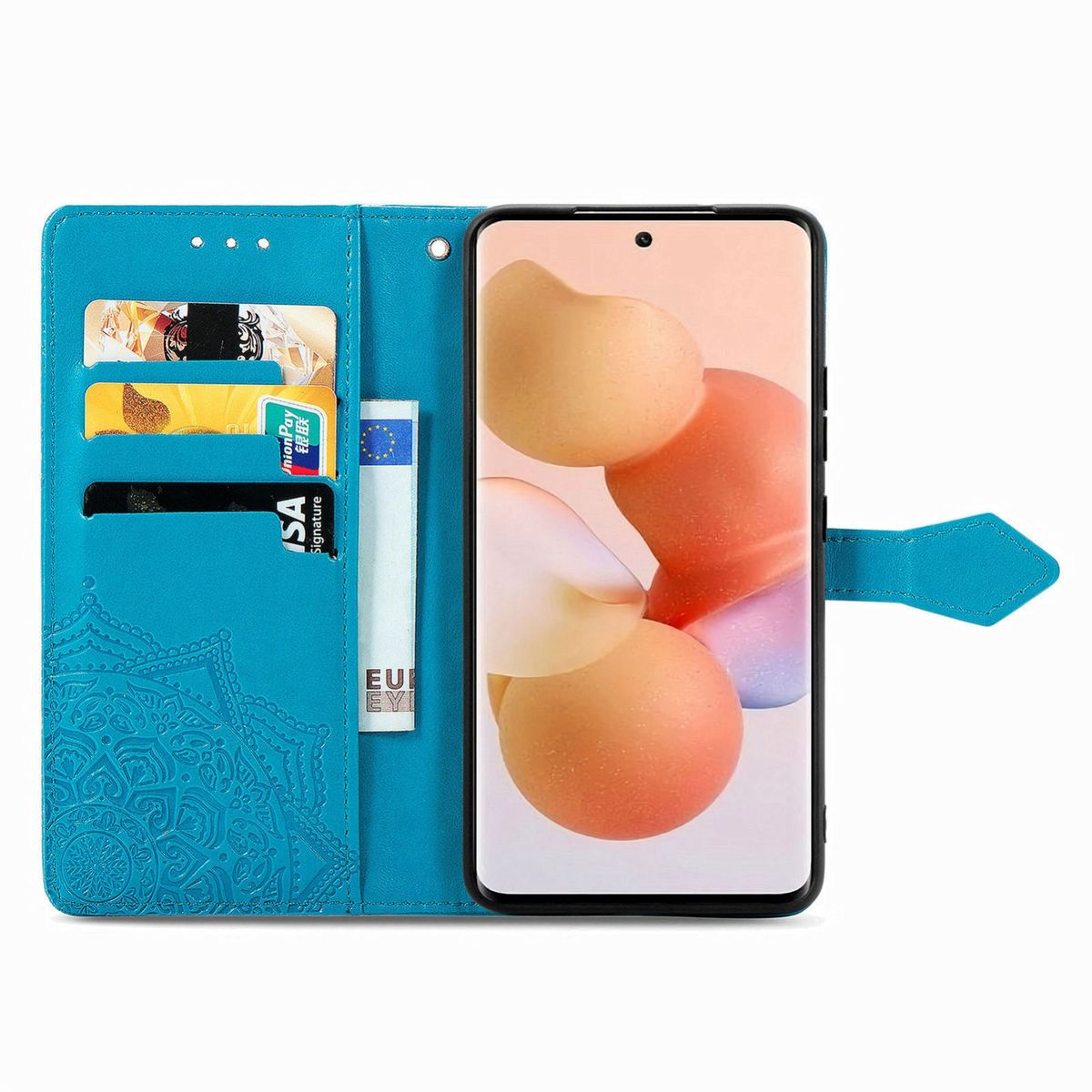 Blaue Handyhülle mit einem Telefon, Karten im Inneren.