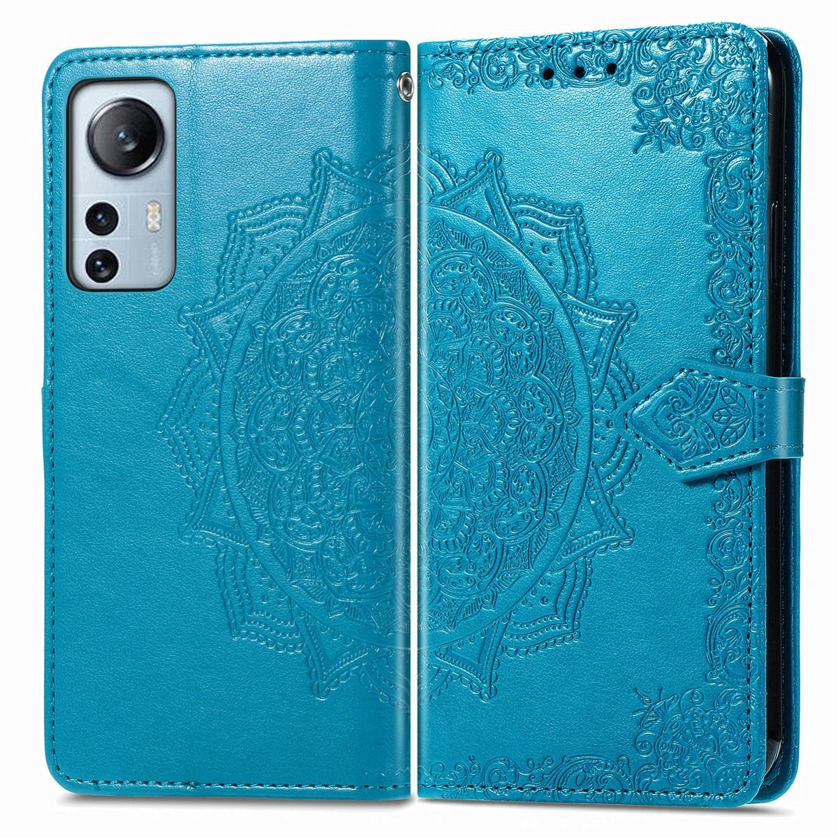 Offene blaue Handyhülle mit Telefon. Die Hülle hat ein Blumenmuster und einen Verschluss.