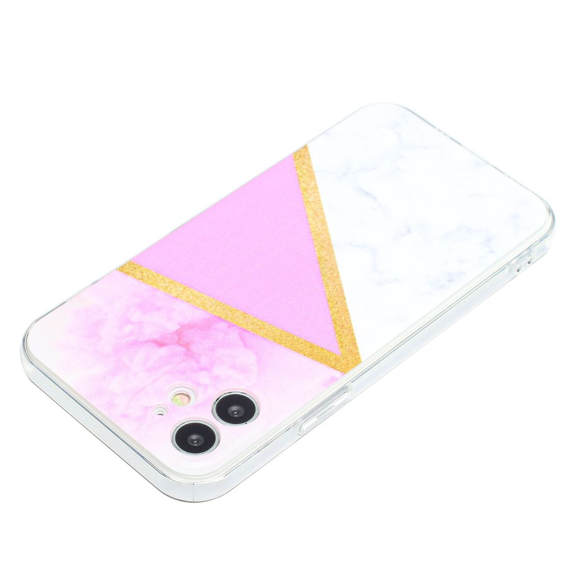 Smartphone-Hülle mit rosa, goldenem und weißem Design. Zwei Kameralöcher.