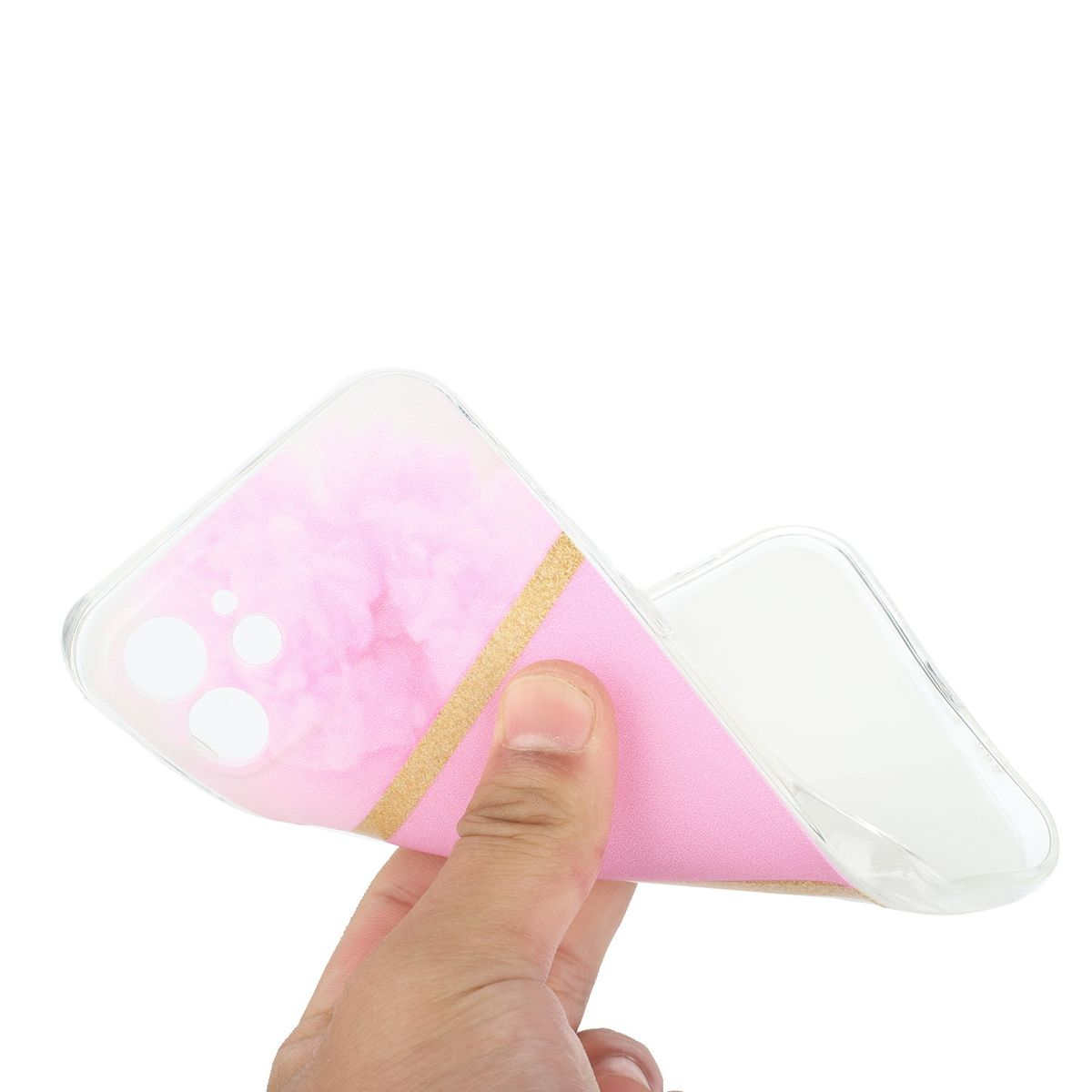 Handy-Hülle mit rosa Marmor und goldenem Design, gehalten von einer Hand.