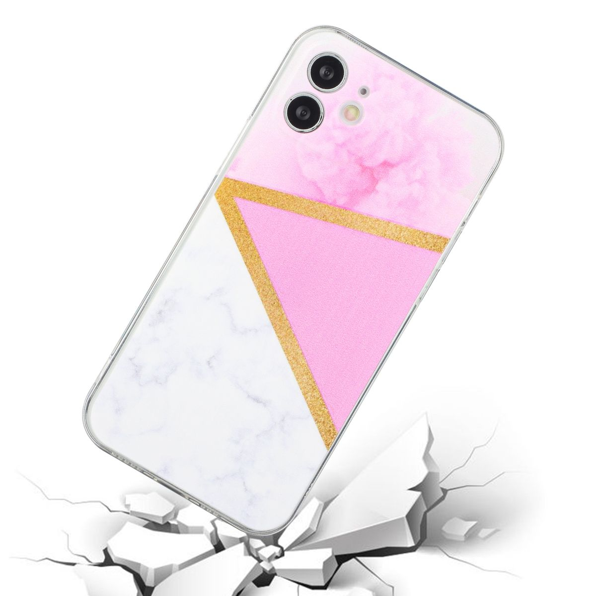 Handyhülle mit rosa Marmordesign und goldenem Akzent mit zerbrochenem Boden darunter.
