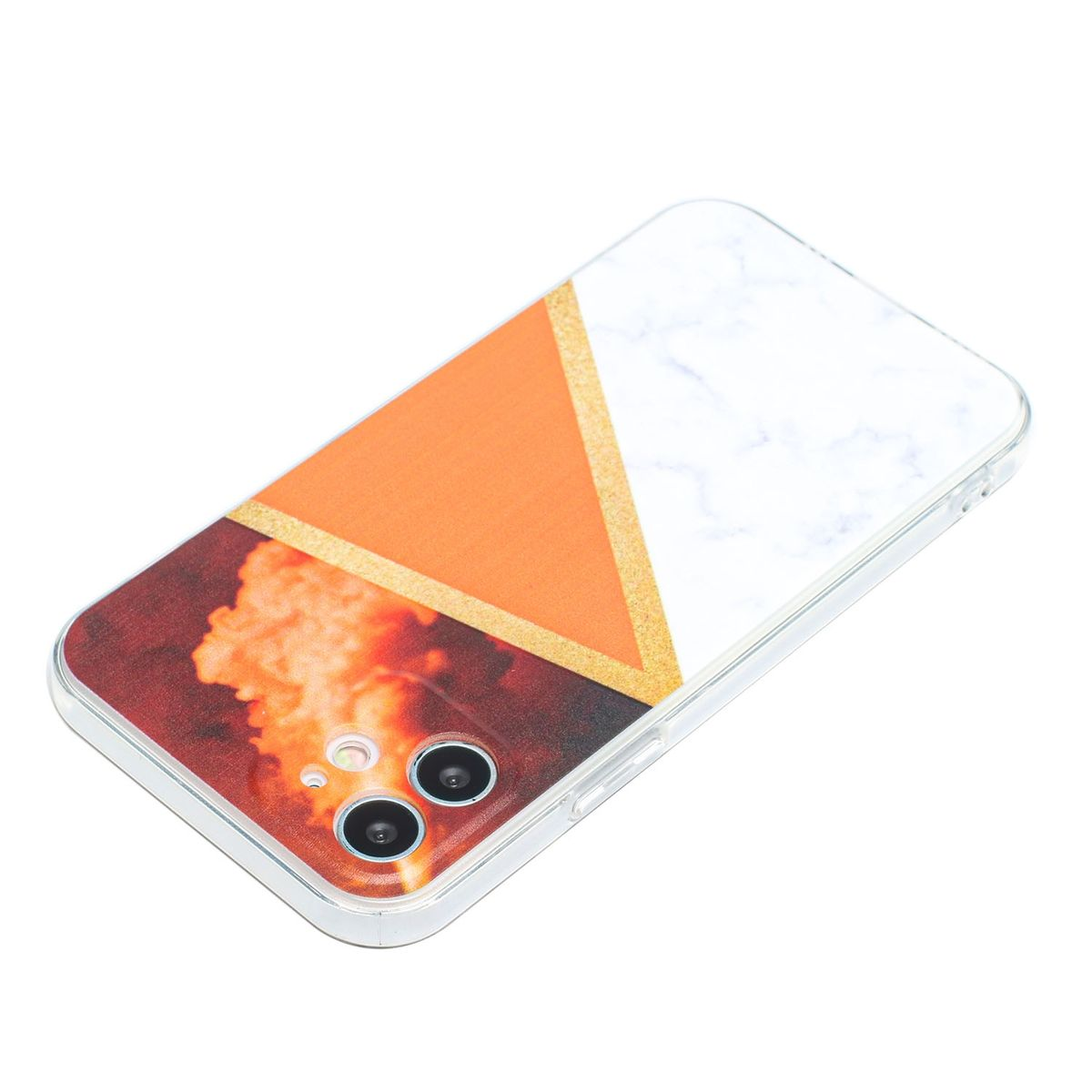 Handyhülle mit orange-weißem Design. Hülle ist abgewinkelt gehalten. Hintergrund: Weiß. Mit Kameraausschnitten.