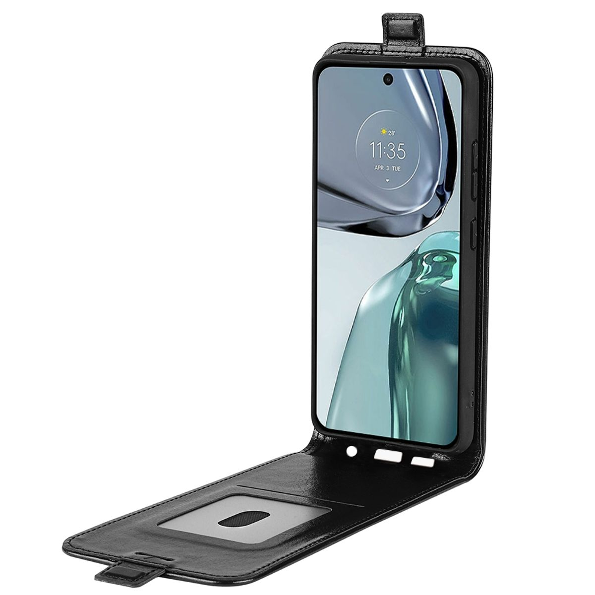 Eine schwarze Handyhülle mit einem Telefon, das einen Bildschirm mit einer Uhr mit 11:35 Uhr anzeigt.