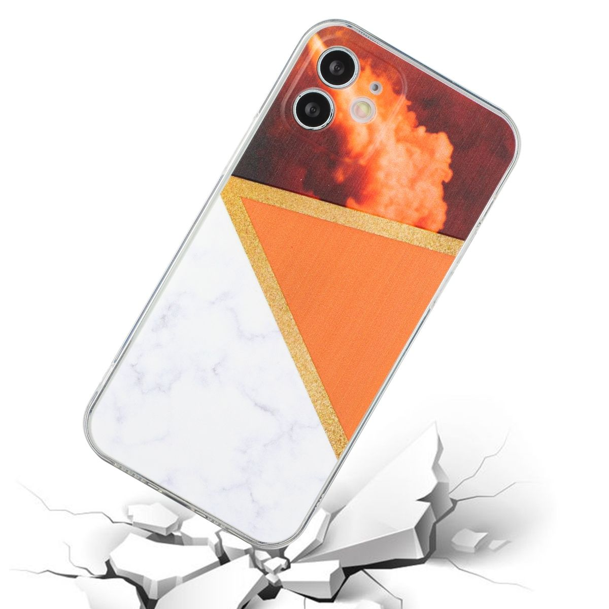 Handyhülle mit Marmor- und Orangen-Design. Die Hülle ist zerbrochen. Kamera auf der Rückseite.