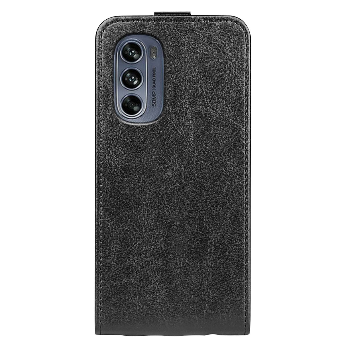 Schwarze Leder-Handyhülle mit sichtbarer Kamera und Telefonbildschirm.