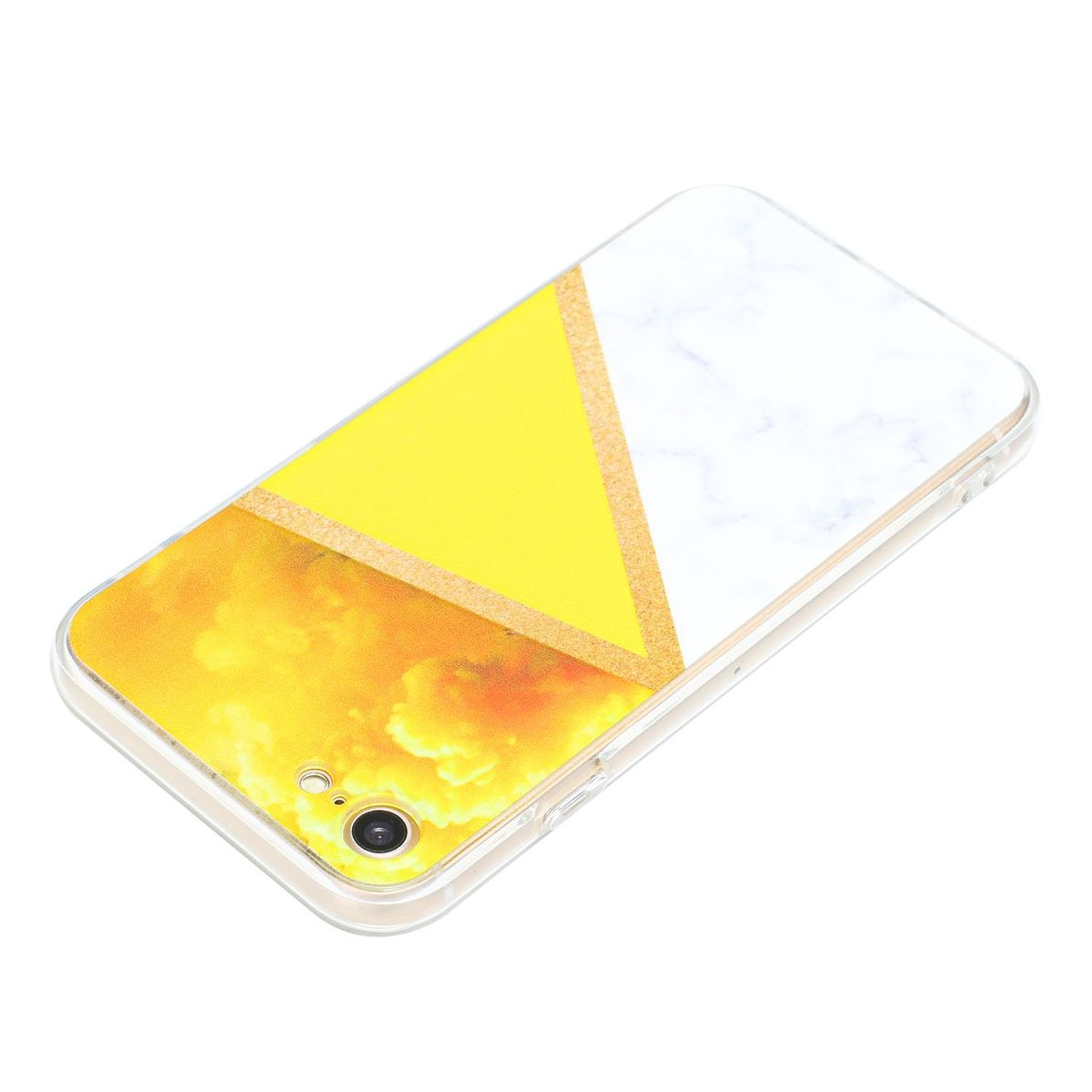 Handyhülle mit gelbem, orangefarbenem und weißem geometrischen Design. Weißer Hintergrund.