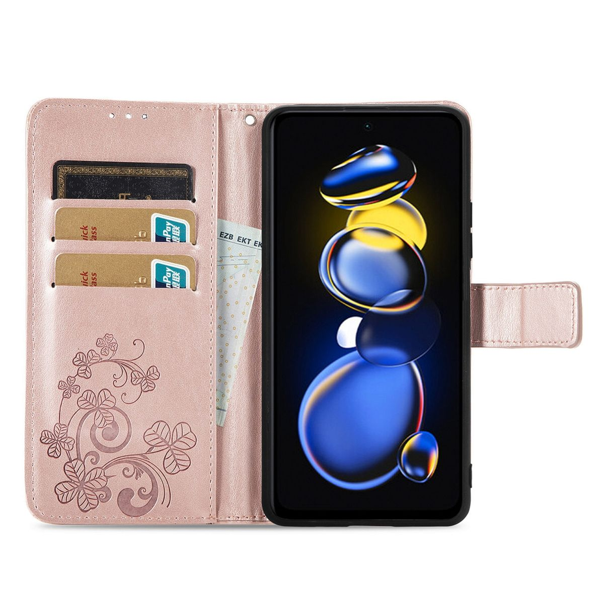 Rosa Folio-Handyhülle mit Karten und einem Telefon im Inneren. Blumendesign.