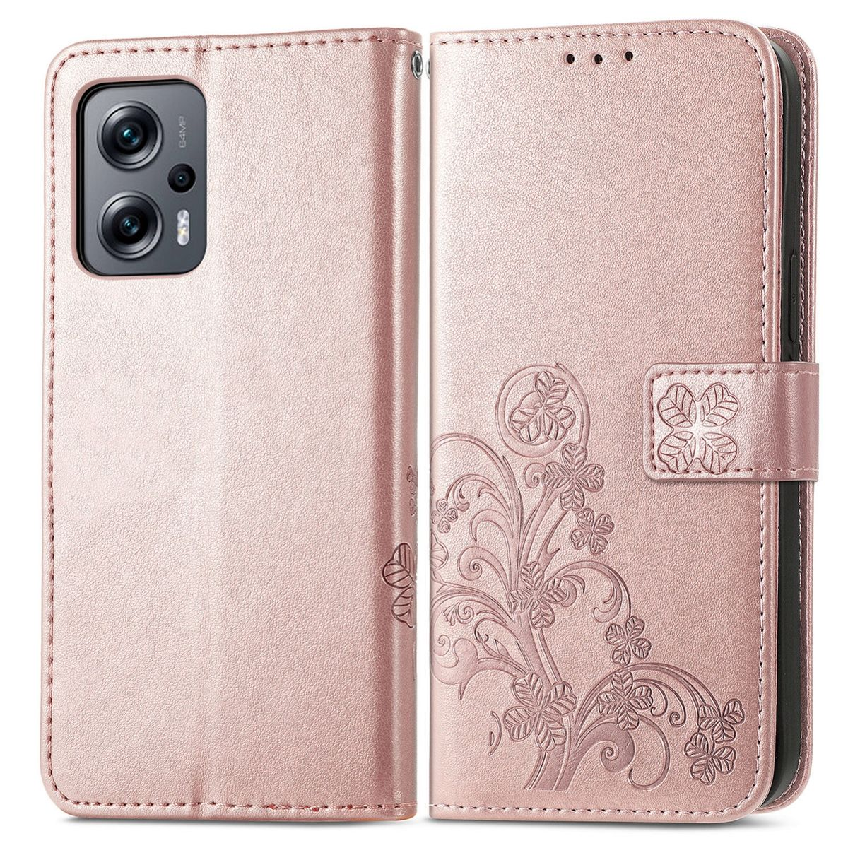 Rosa Handyhülle mit floralem Design, die ein Telefon hält. Ein Verschluss ist sichtbar.