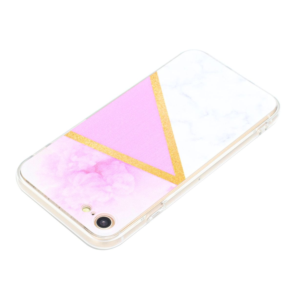 Handyhülle mit rosa und goldenem Design und weißem Marmoreffekt. Weißer Hintergrund.