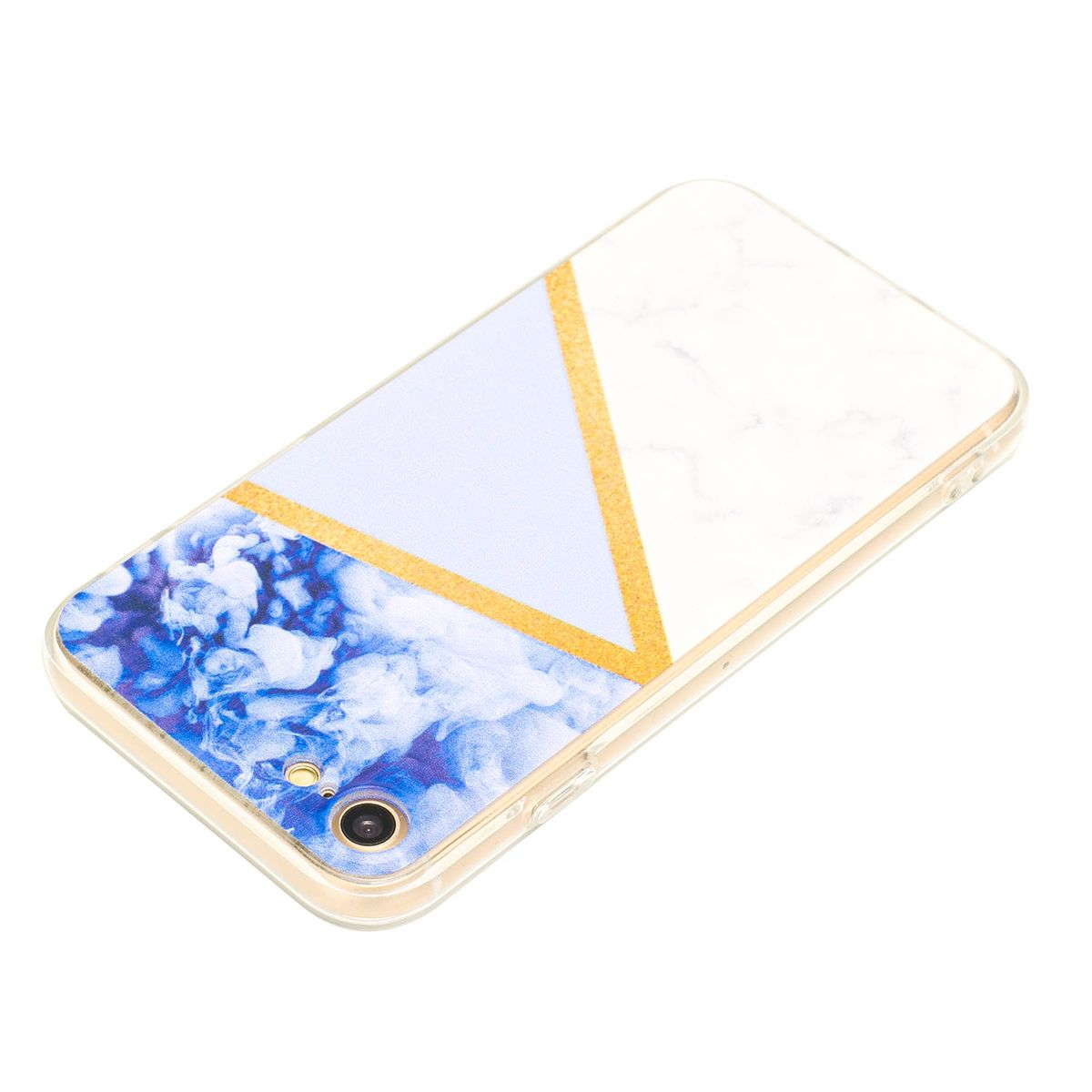 Handyhülle mit weißem Marmor und blauem Blumendesign. Goldakzente sind sichtbar.