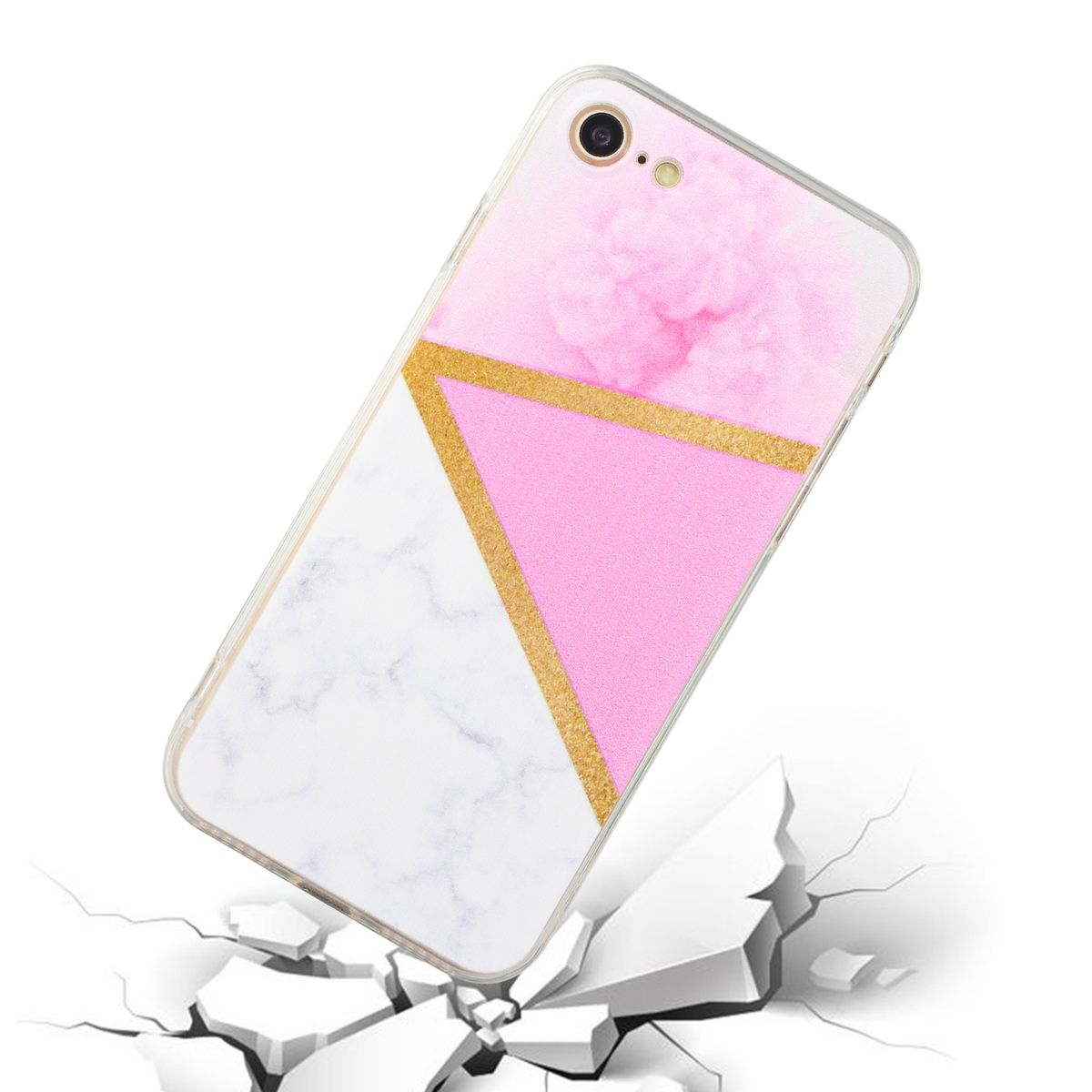 Rosa und goldene Handyhülle mit geometrischem Design auf weißem Grund.