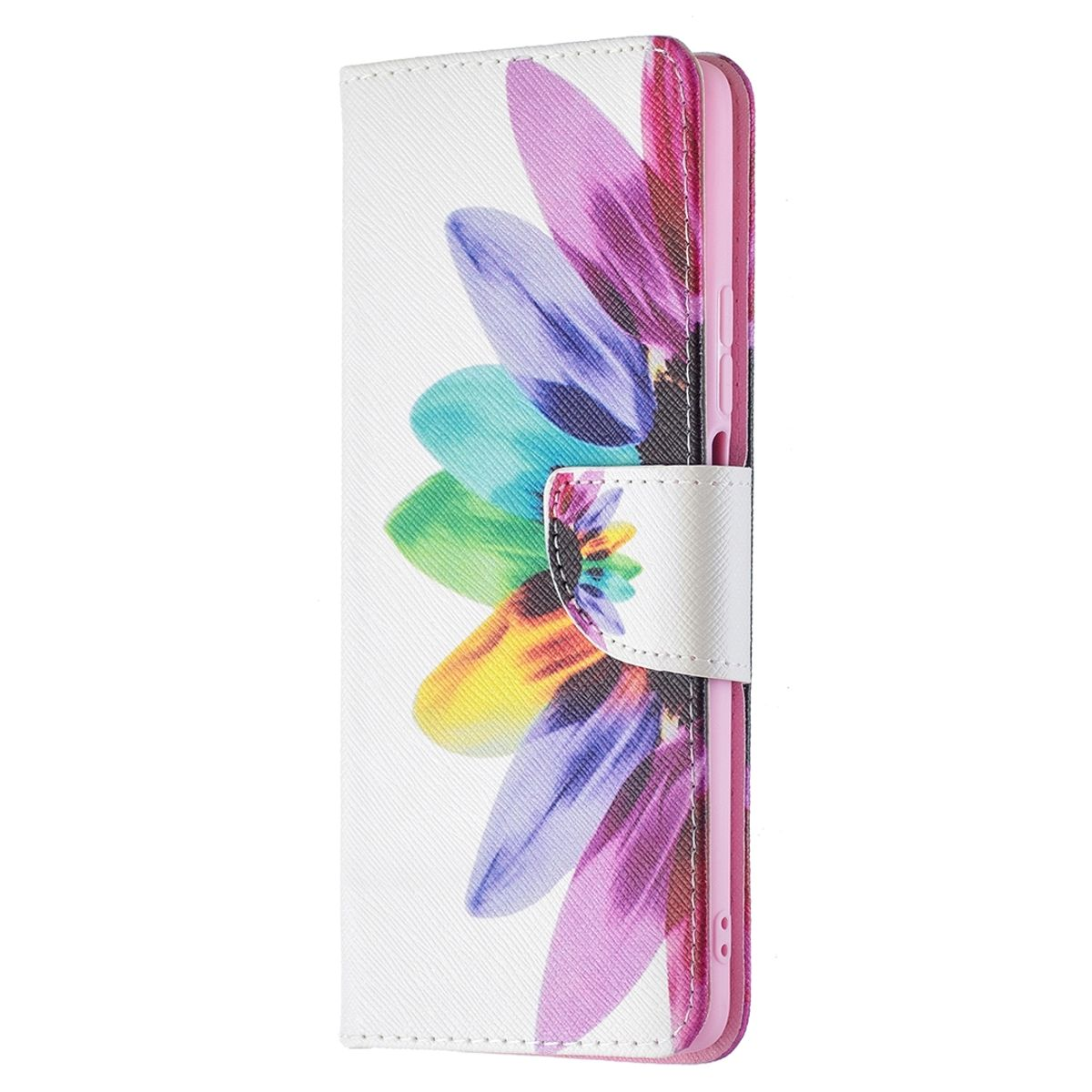 Weiße Handyhülle mit farbenfrohem Blumendesign, ein weißer Verschluss. Die Hülle ist geschlossen. Der Hintergrund ist weiß.