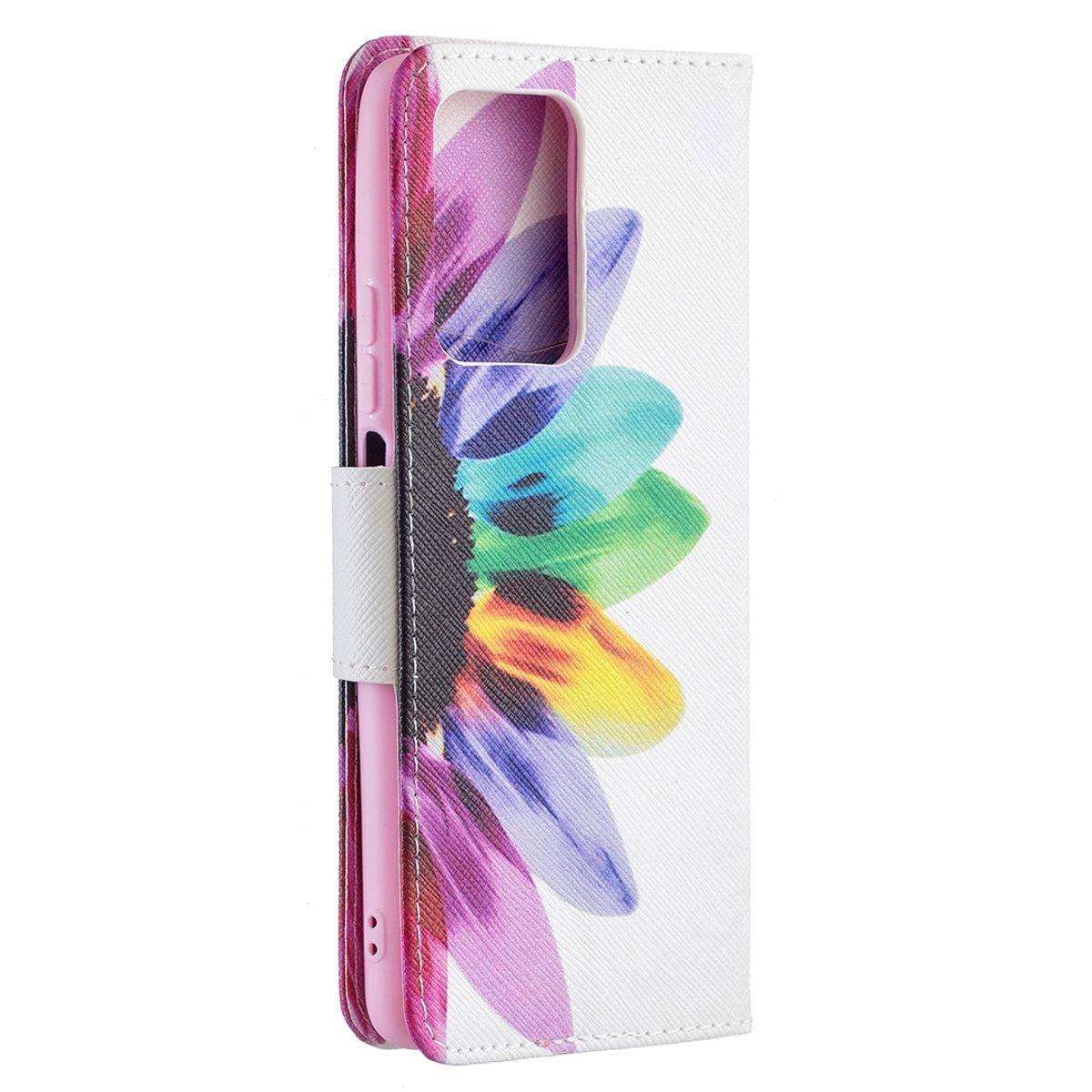 Handyhülle mit weißem Hintergrund und einer bunten Blumengrafik.