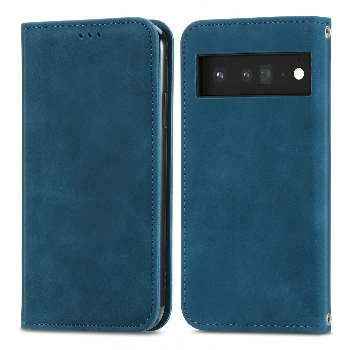 Blaue Handyhülle, offen, zeigt das Telefon mit sichtbarer Rückkamera.