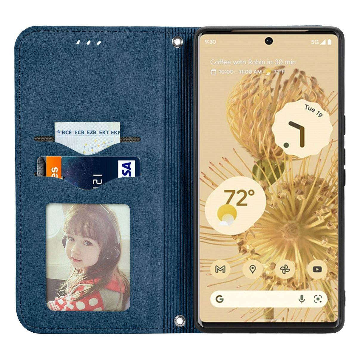 Blaue Handyhülle offen mit Telefon und Karten. Bildschirm zeigt Zeit und Wetter.