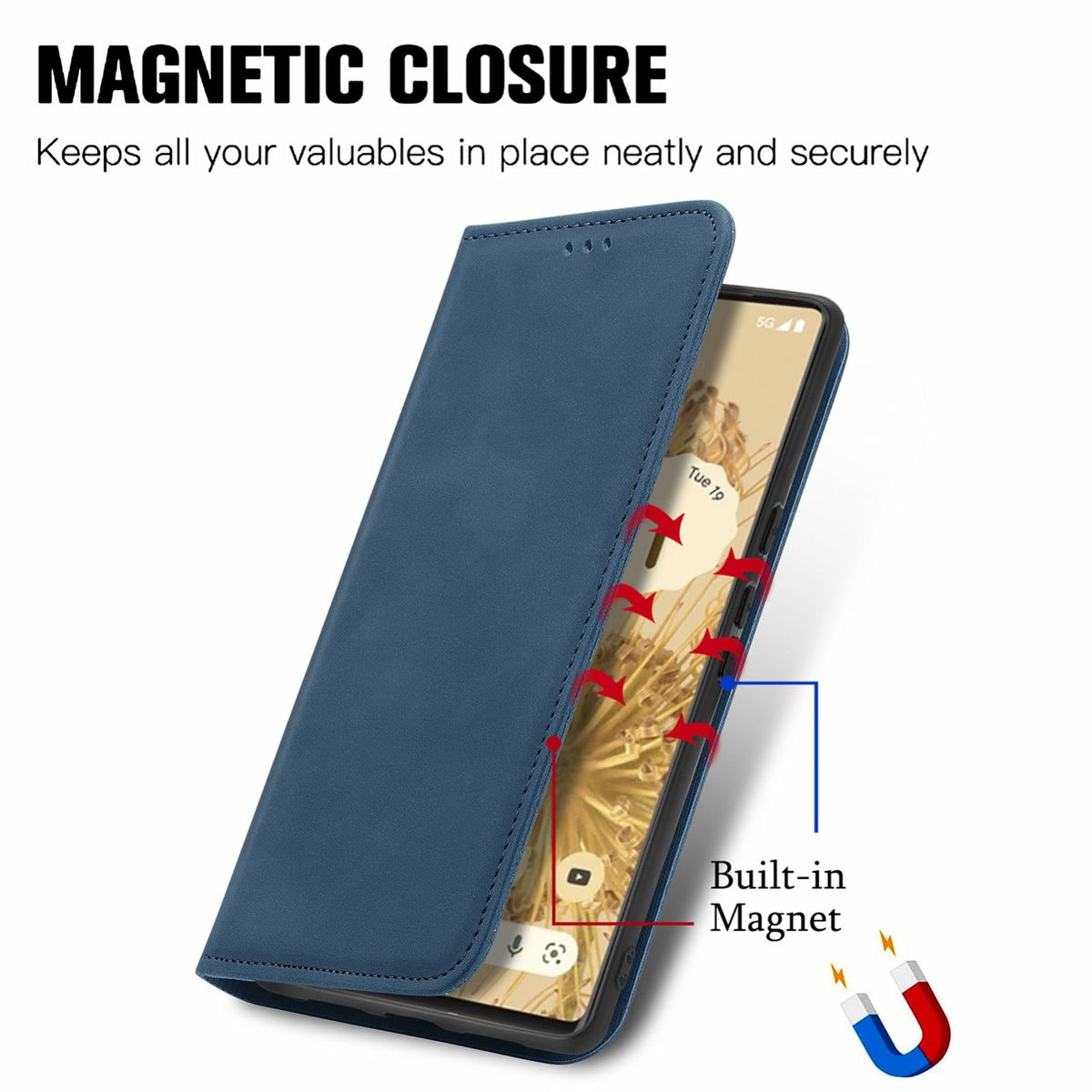 Eine blaue Handyhülle mit einem Telefon darin. Die Hülle hat einen Magnetverschluss, der einen eingebauten Magneten hervorhebt.