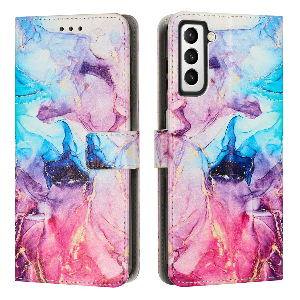 Geöffnete Handyhülle mit blauem, rosa und lila Marmordesign. Das Telefon ist sichtbar. Weißer Hintergrund.