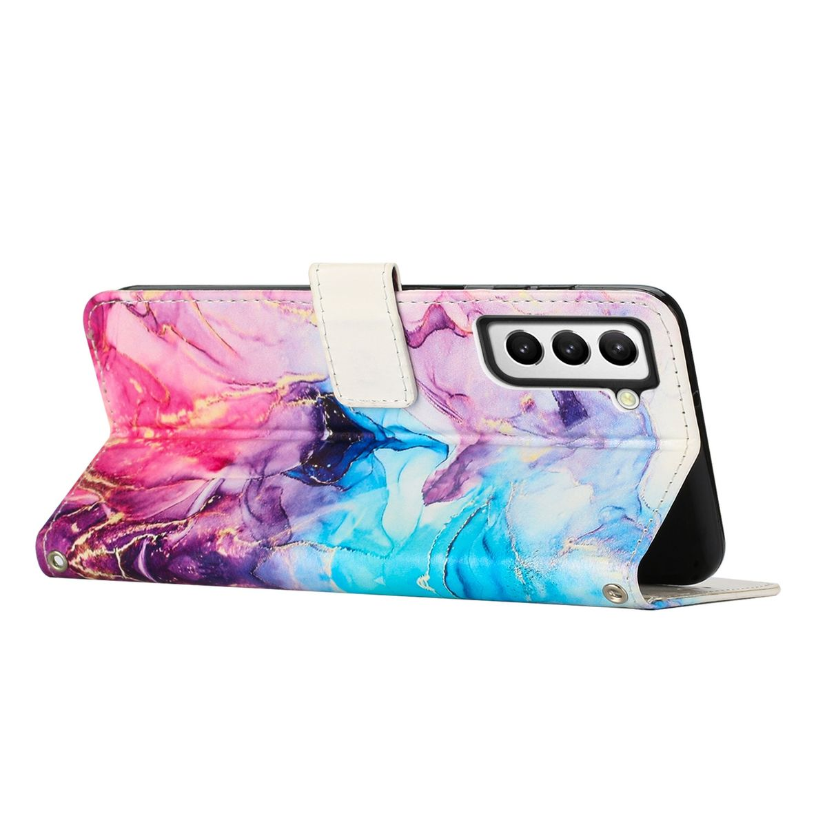 Handyhülle mit farbenfrohem Marmordesign. Geöffnete Handyhülle mit Telefon im Inneren.