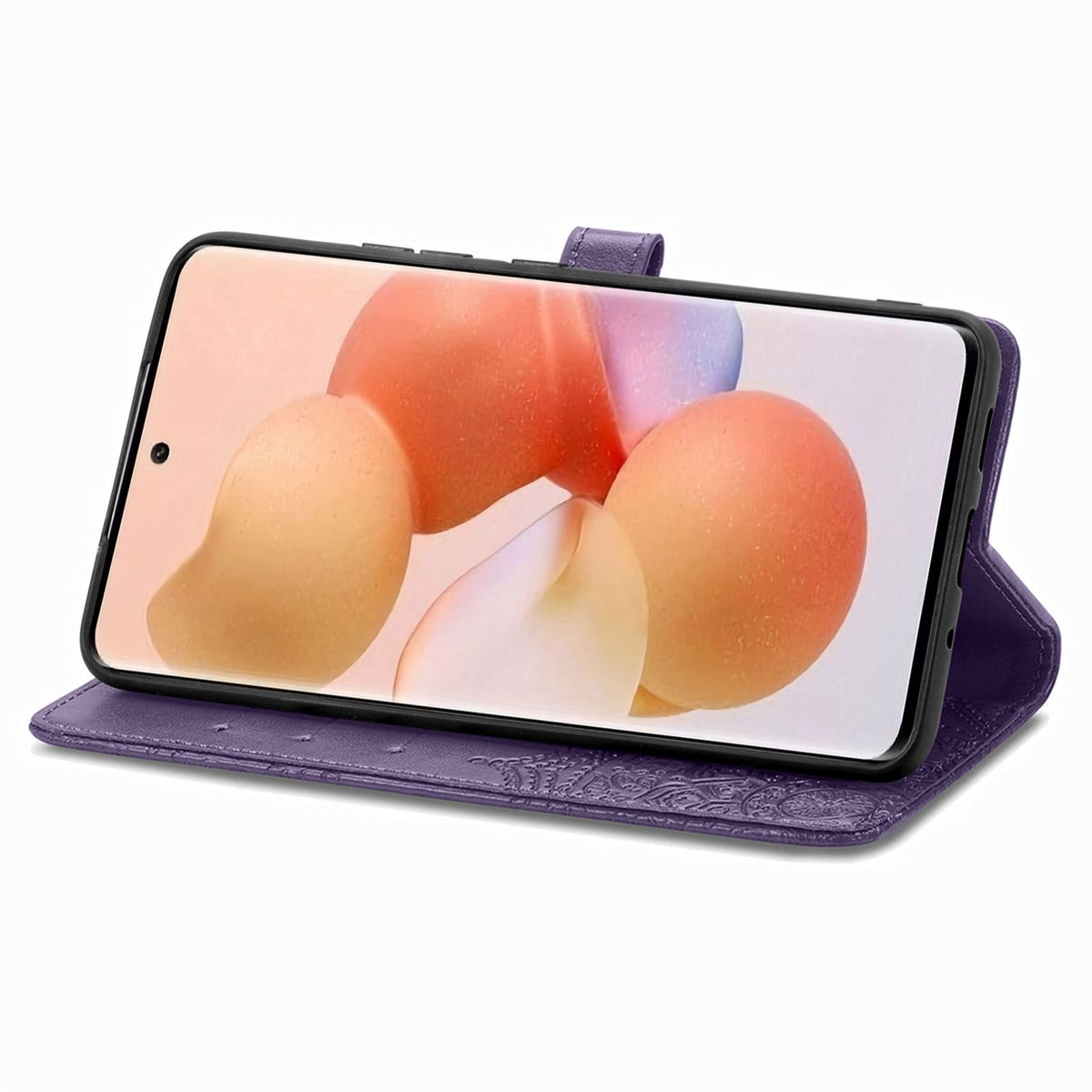 Lila Handyhülle geöffnet, zeigt Telefon mit Fruchtbild, auf weißem Hintergrund.