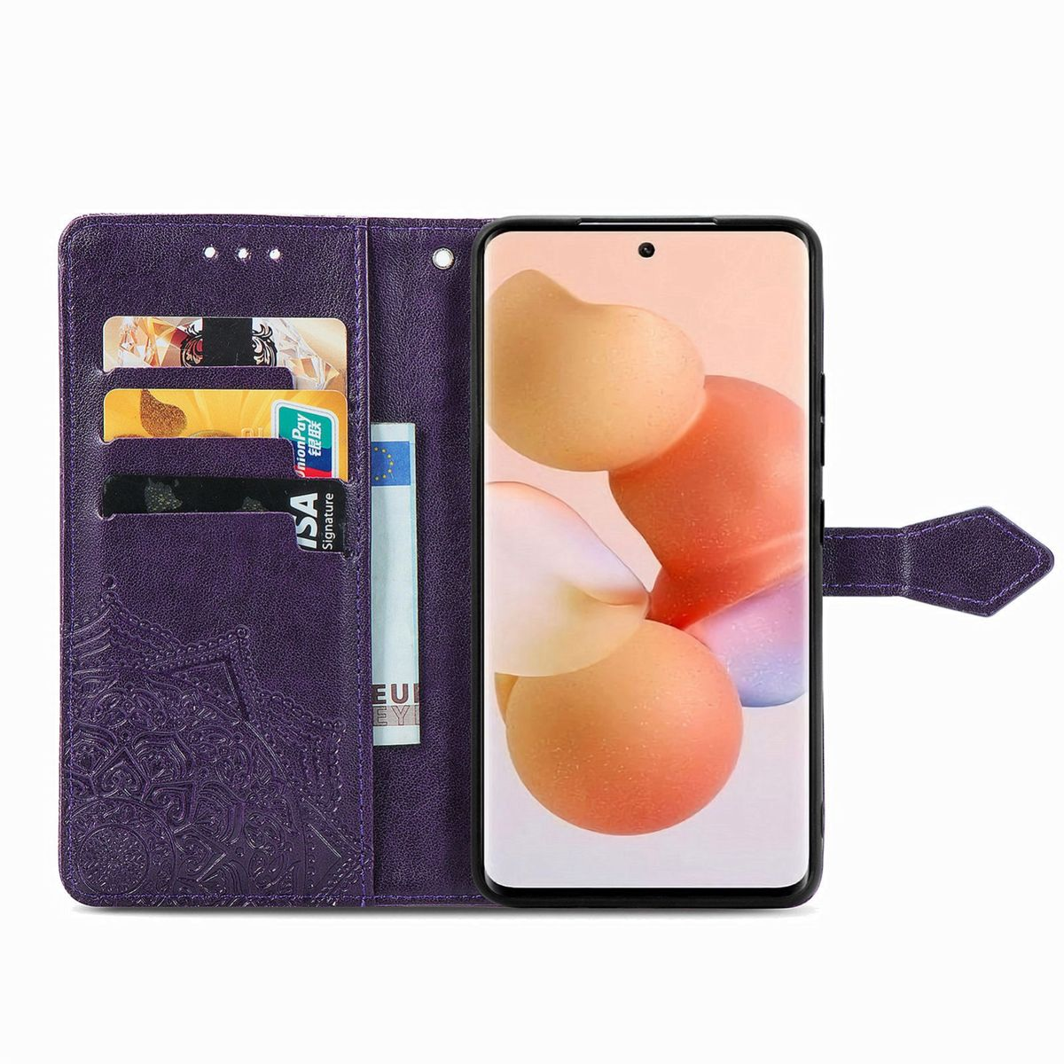 Lila Handyhülle, offen, mit Handy und Karten, Mandala-Design.