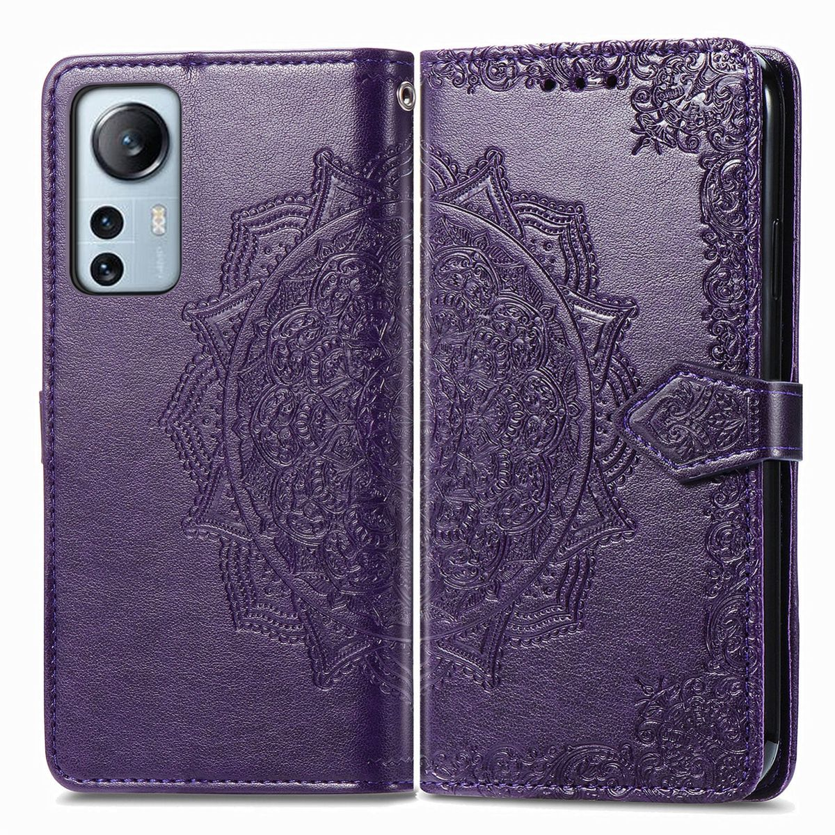 Lila Handyhülle mit floralem Design. Hülle ist geöffnet und zeigt das Telefon im Inneren.