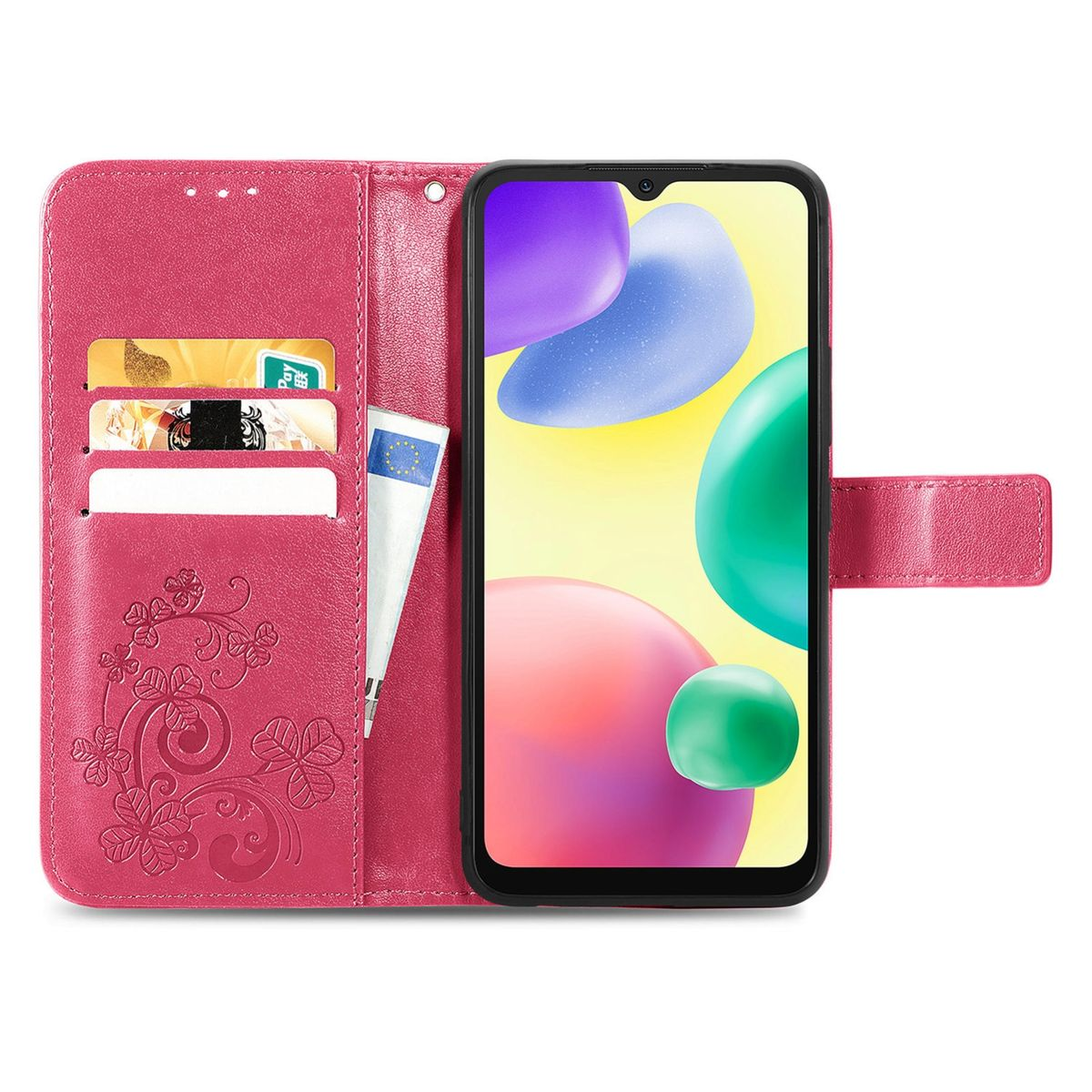 Rosa Handyhülle mit Kartenfächern und Telefon. Das Telefon zeigt bunte Formen.