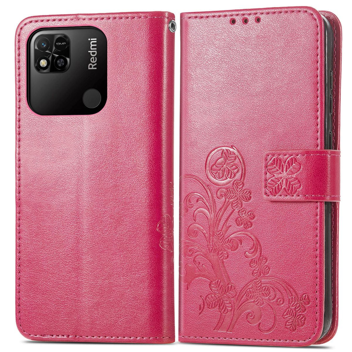 Redmi Handyhülle, rot. Es hat einen Kameraausschnitt und ein Blumendesign.
