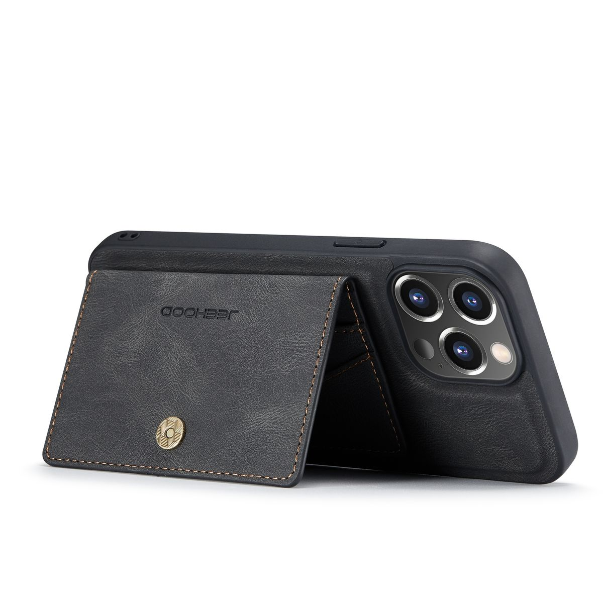 Eine schwarze Handyhülle mit Brieftaschenfunktion. Das Telefon ist in der Hülle. Die Hülle ist geöffnet.