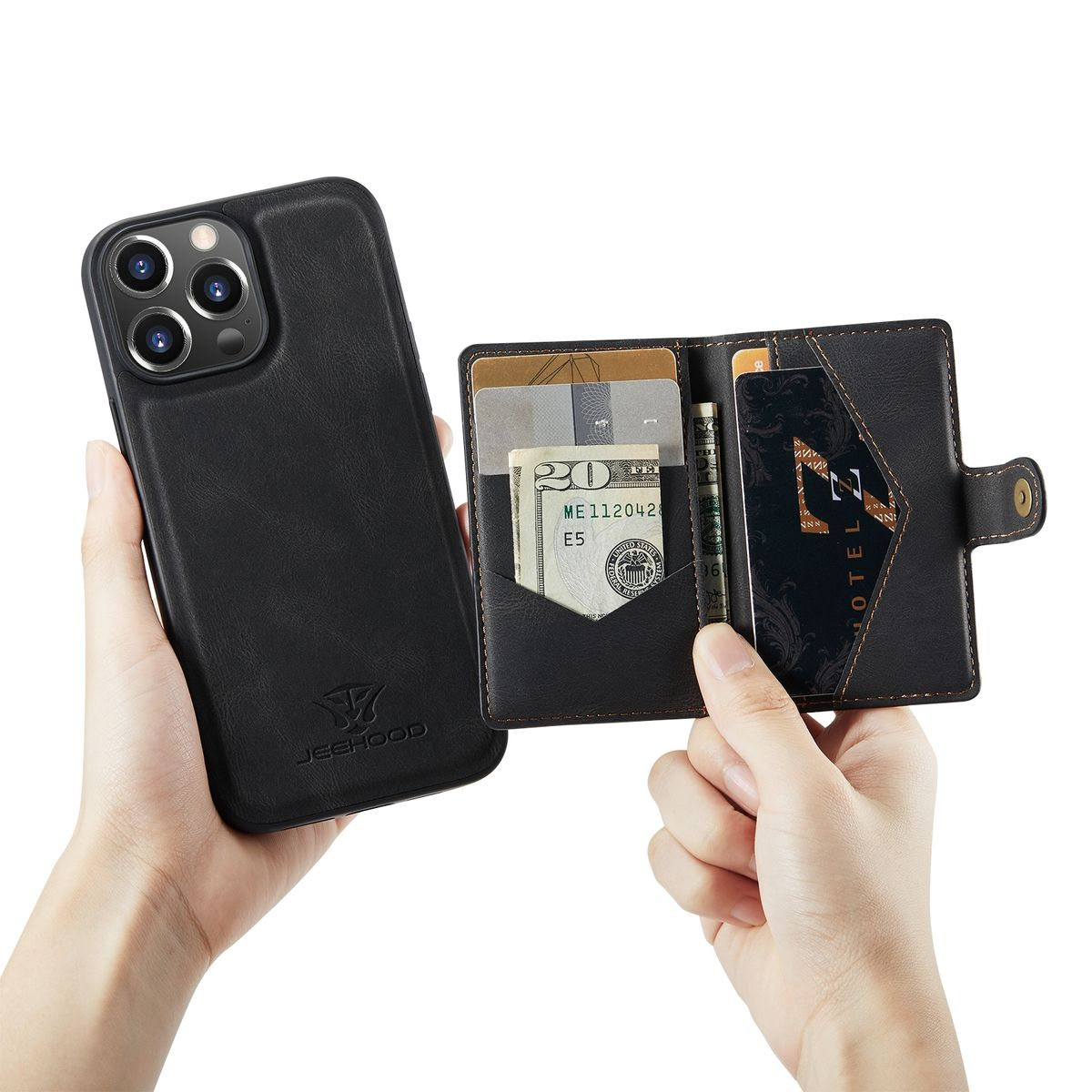 Hand hält eine Brieftaschen-Handyhülle mit Karten und Geld darin. Lederetui.