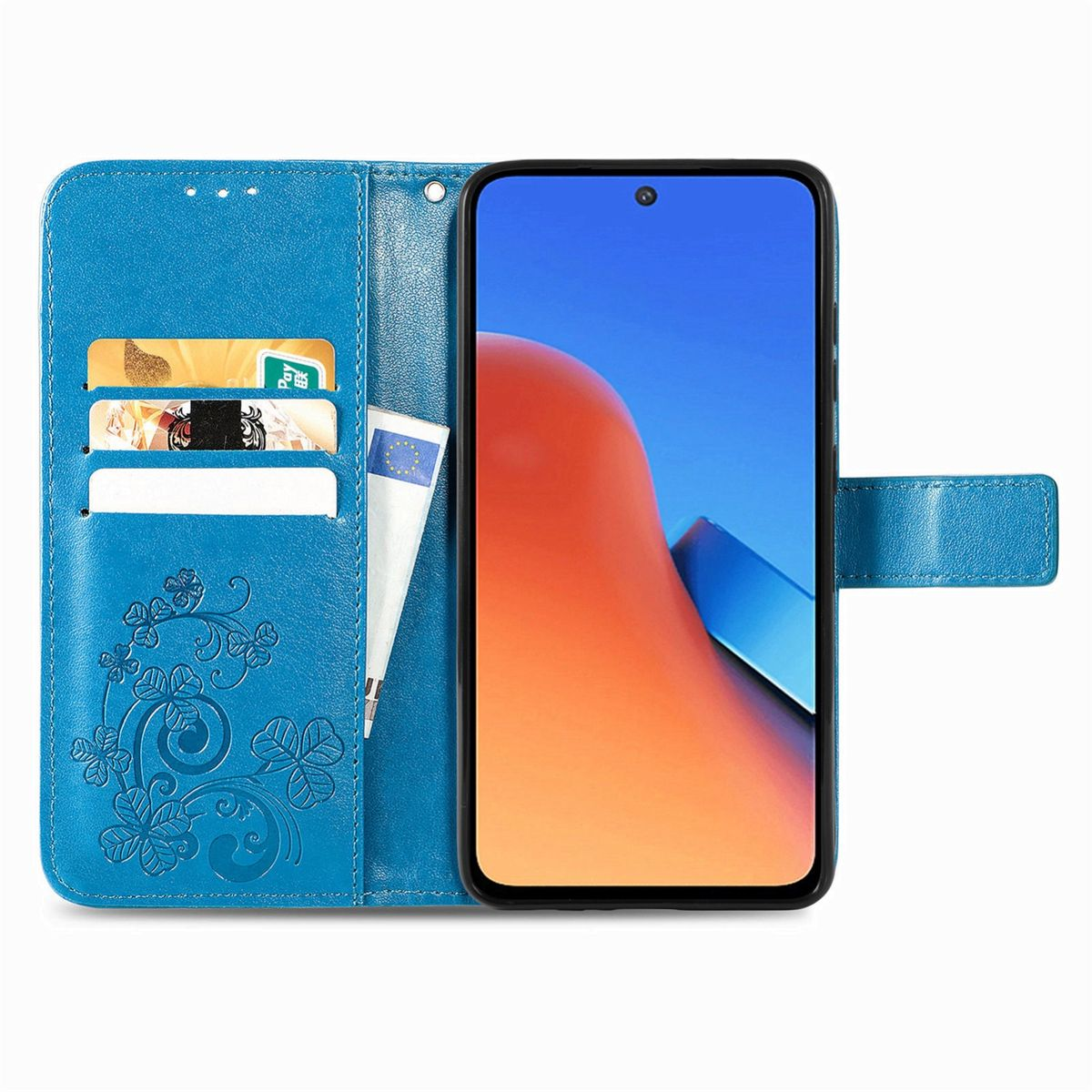 Blaue Handyhülle, geöffnet, mit Karten und Telefon. Blumendesign auf der inneren linken Seite.