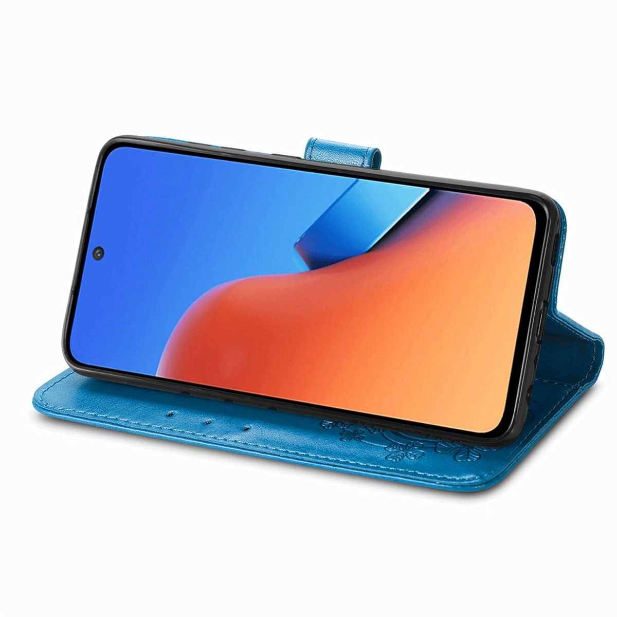 Blaue Handyhülle mit Telefon darin. Oranger und blauer Telefonbildschirm.