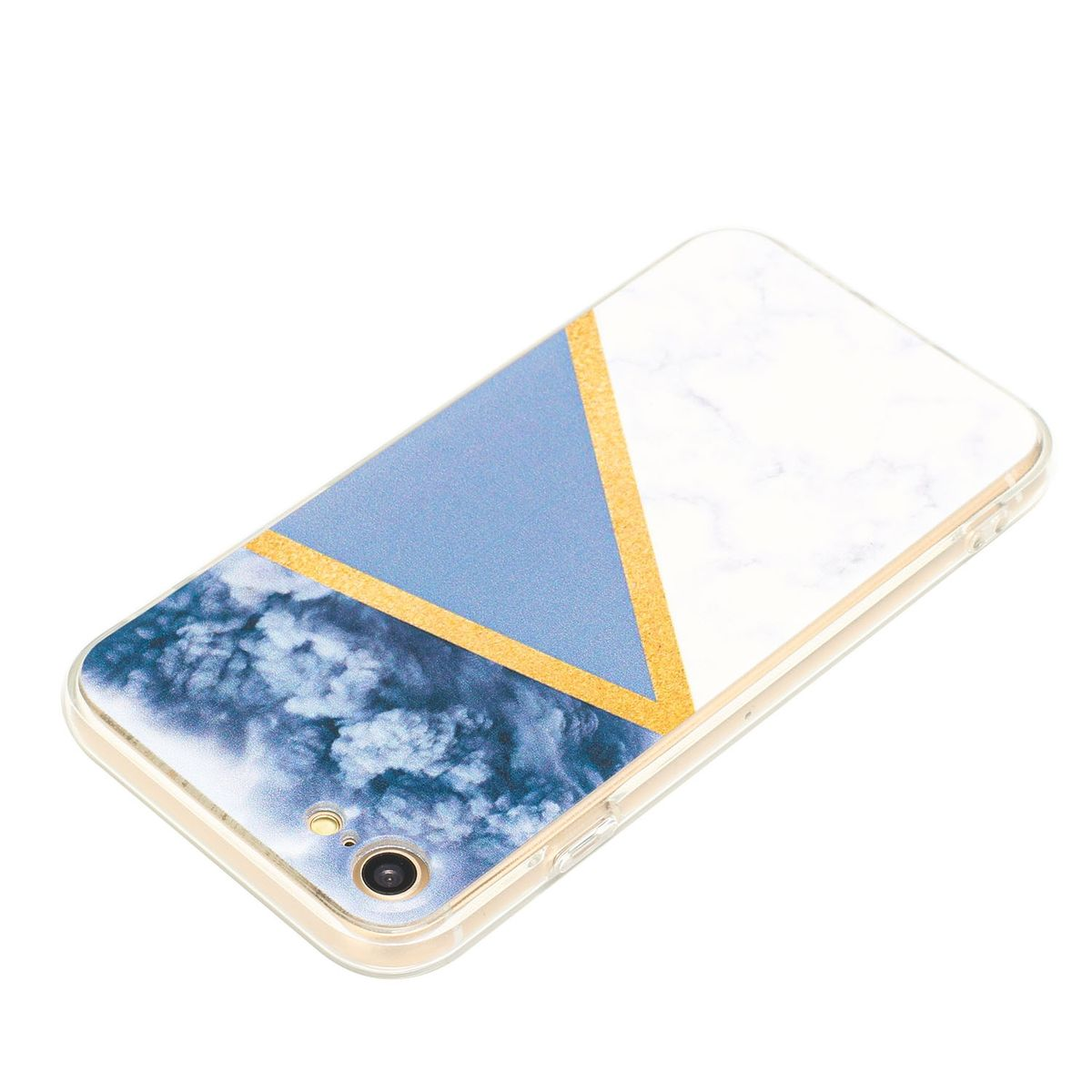 Handyhülle mit Marmor- und blauem Design. Goldene Linien, transparente Hülle, weißer Hintergrund.