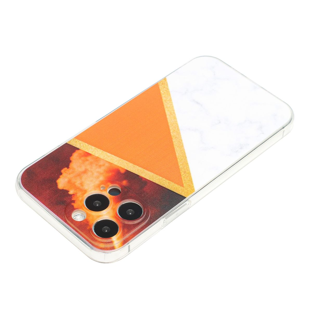 Handyhülle mit orangefarbenem und weißem Design auf der Rückseite. Hat drei Kameralinsen.