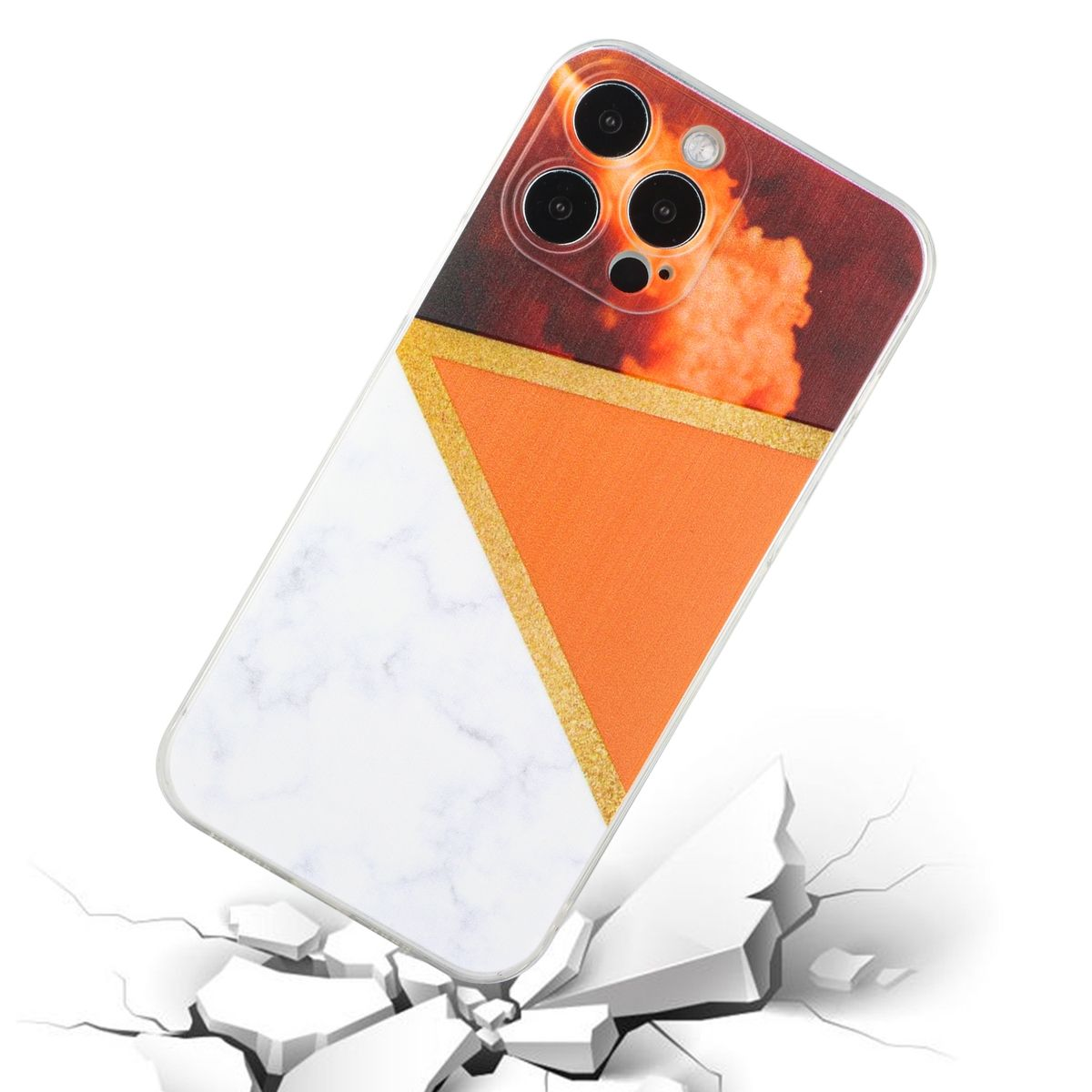 Handyhülle mit Marmor- und Orangenmuster. Sie ist auf einer weißen Oberfläche zerbrochen. Die Hülle ist orange, weiß und gold.