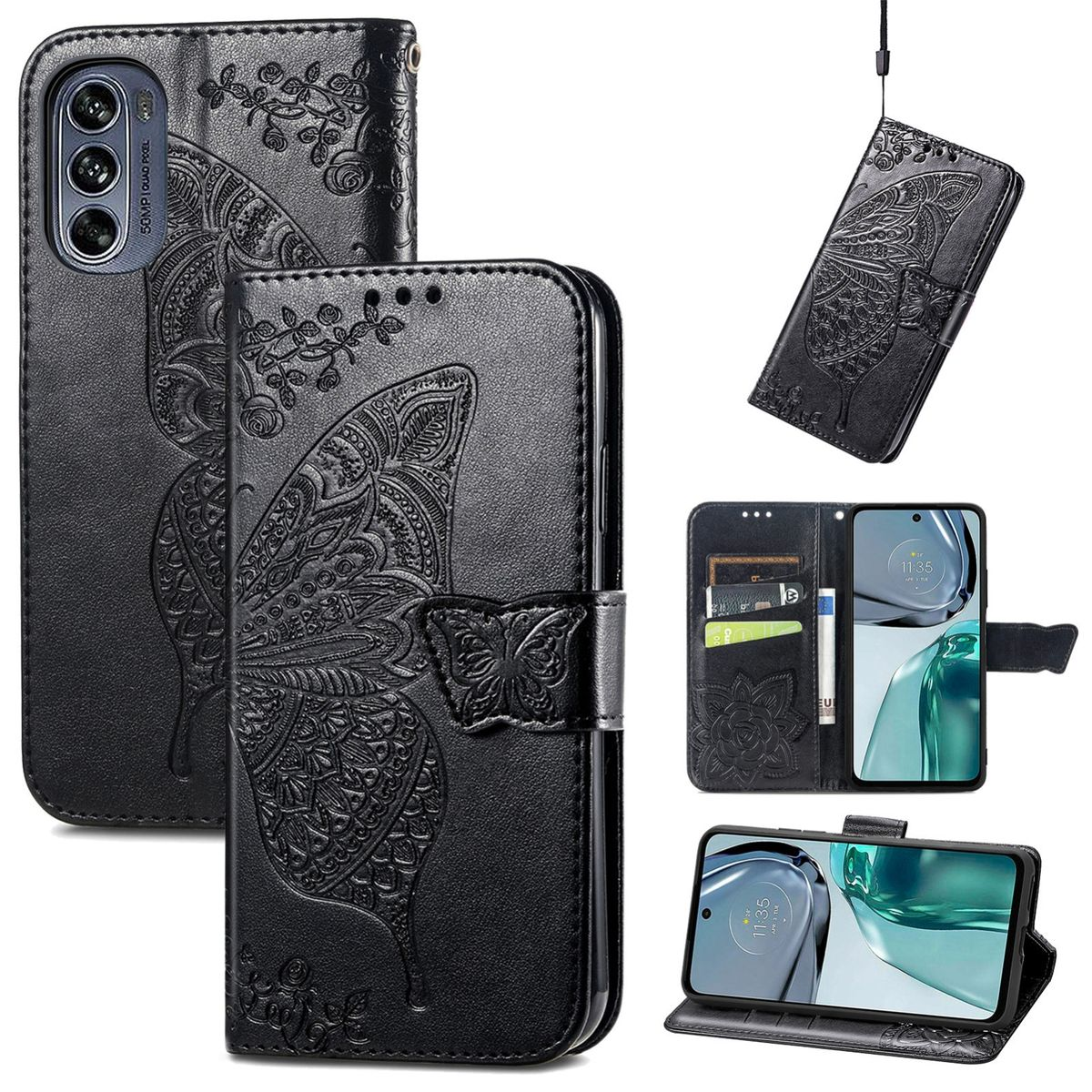 Schwarze Handyhülle mit Schmetterlingsdesign und Telefon im Inneren, mit Kartenfächern.