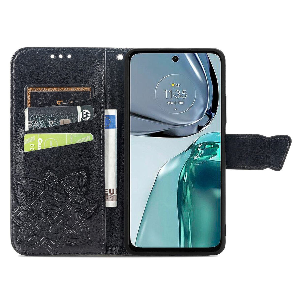 Geöffnete Handyhülle mit Karten und Telefon, das ein Display mit floralem Design zeigt.