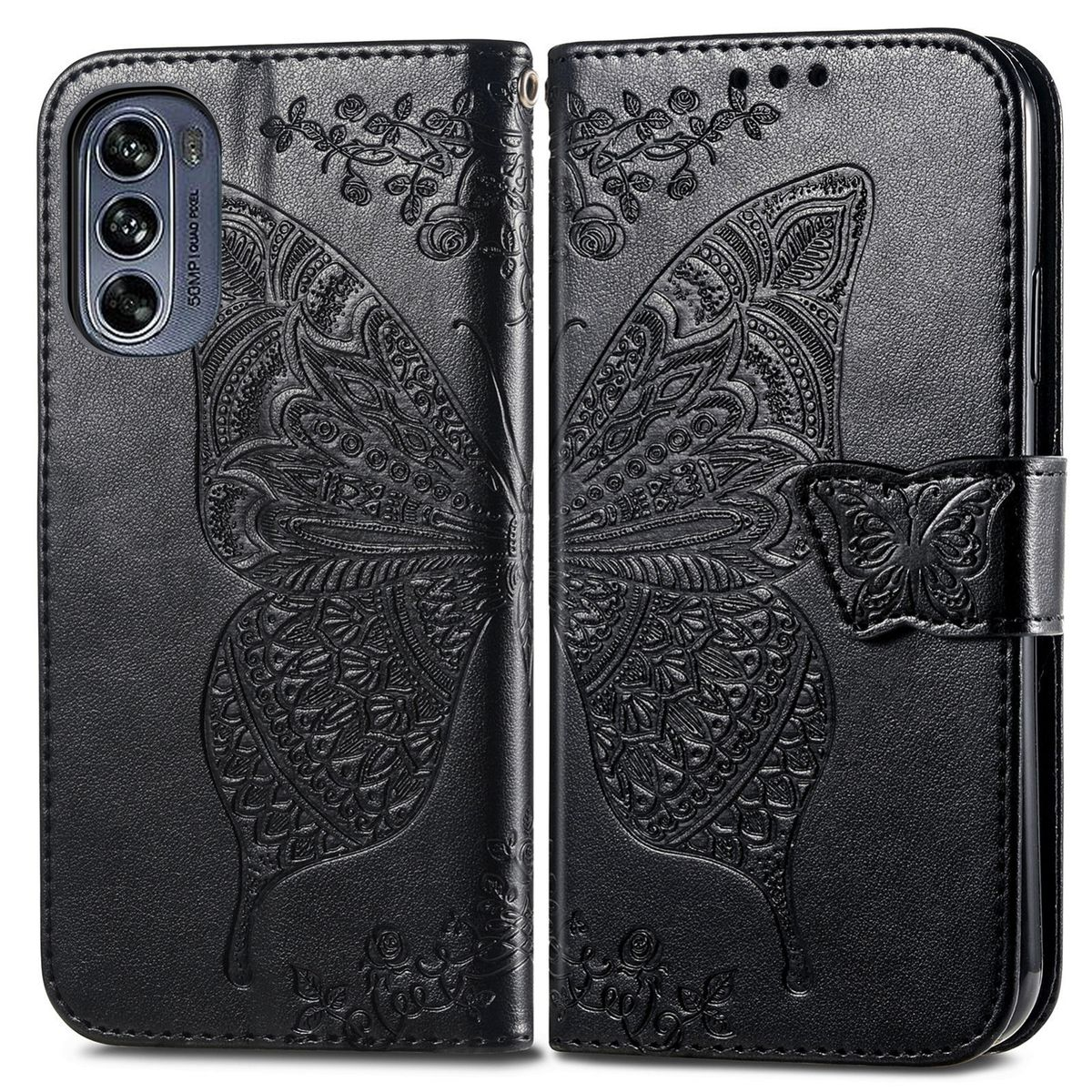 Geöffnete schwarze Handyhülle mit geprägtem Schmetterlingsdesign, auf weißem Hintergrund.