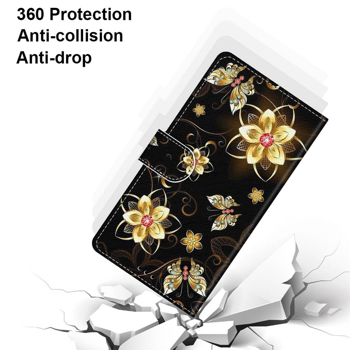Schwarze Handyhülle mit floralen Mustern, weißer Hintergrund und Text über Schutz.