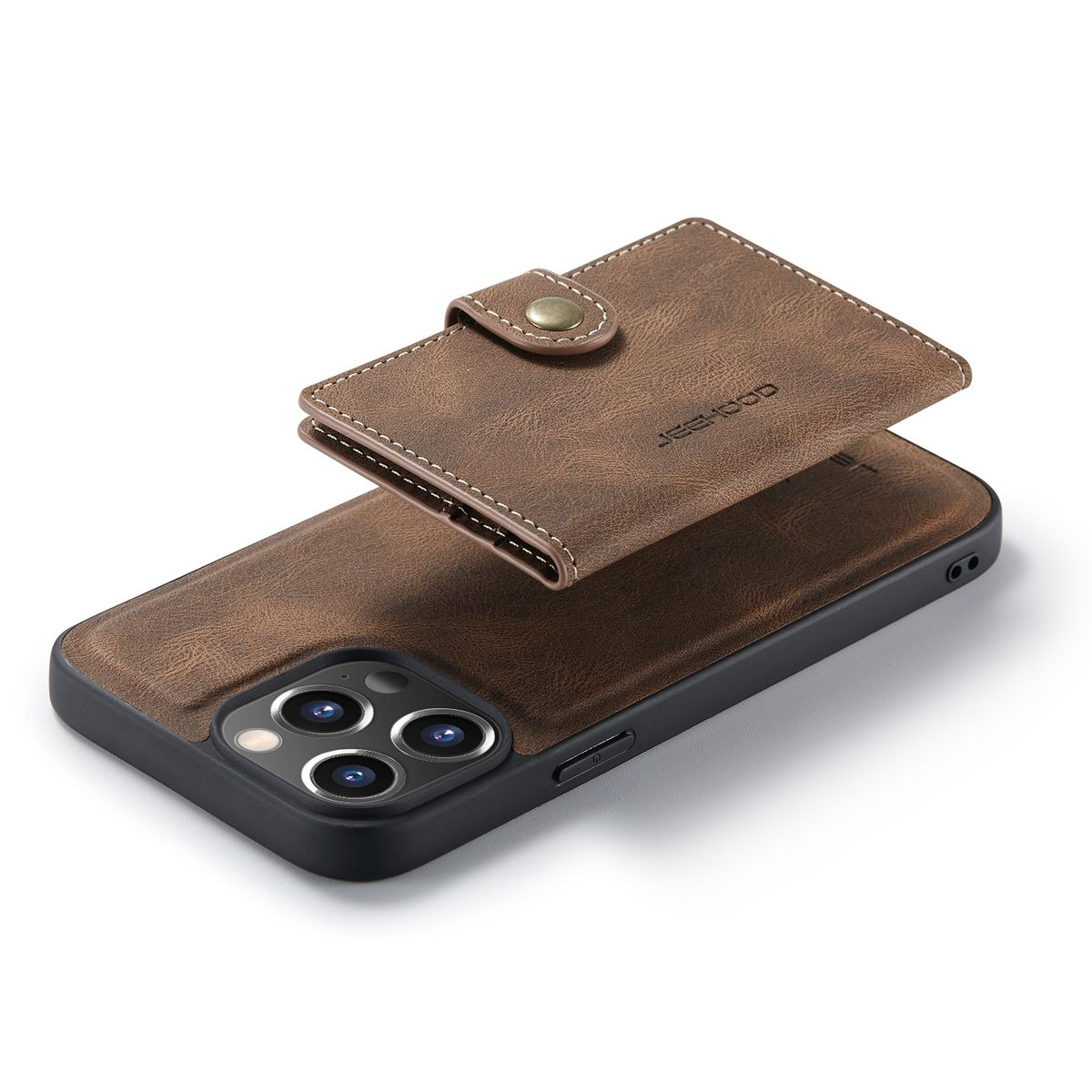Braune Handyhülle mit kleinerem Portemonnaie. Magnetverschluss. Braunem Leder und schwarzem Telefon.