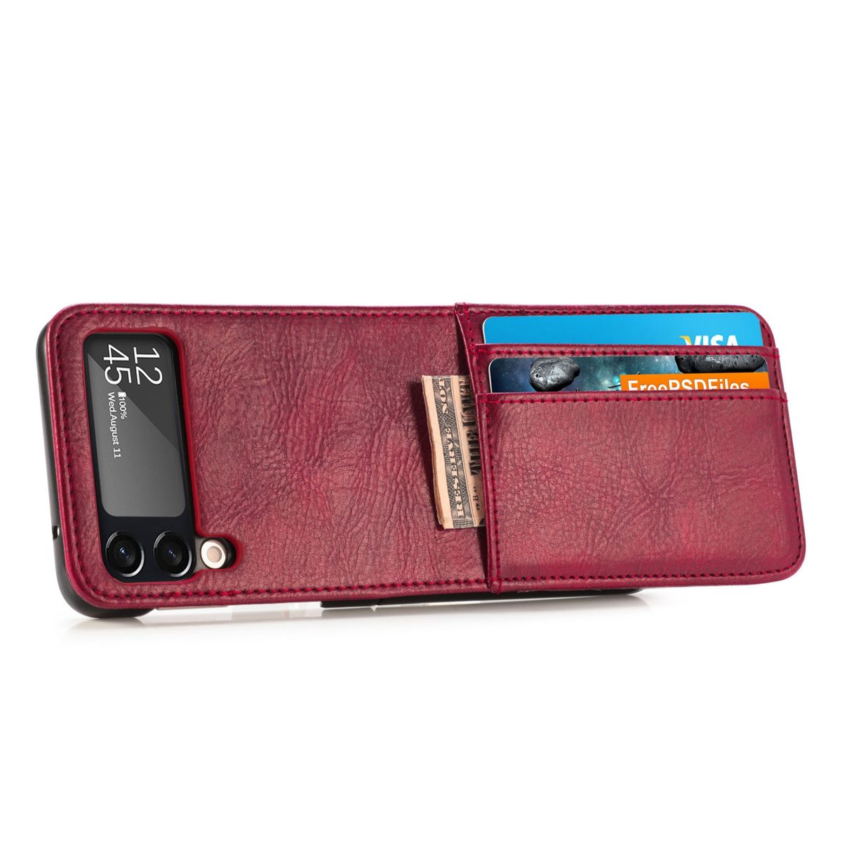 Geöffnete weinrote Handyhülle mit Telefon, zeigt Karten und Geld in Taschen, auf weißem Hintergrund.